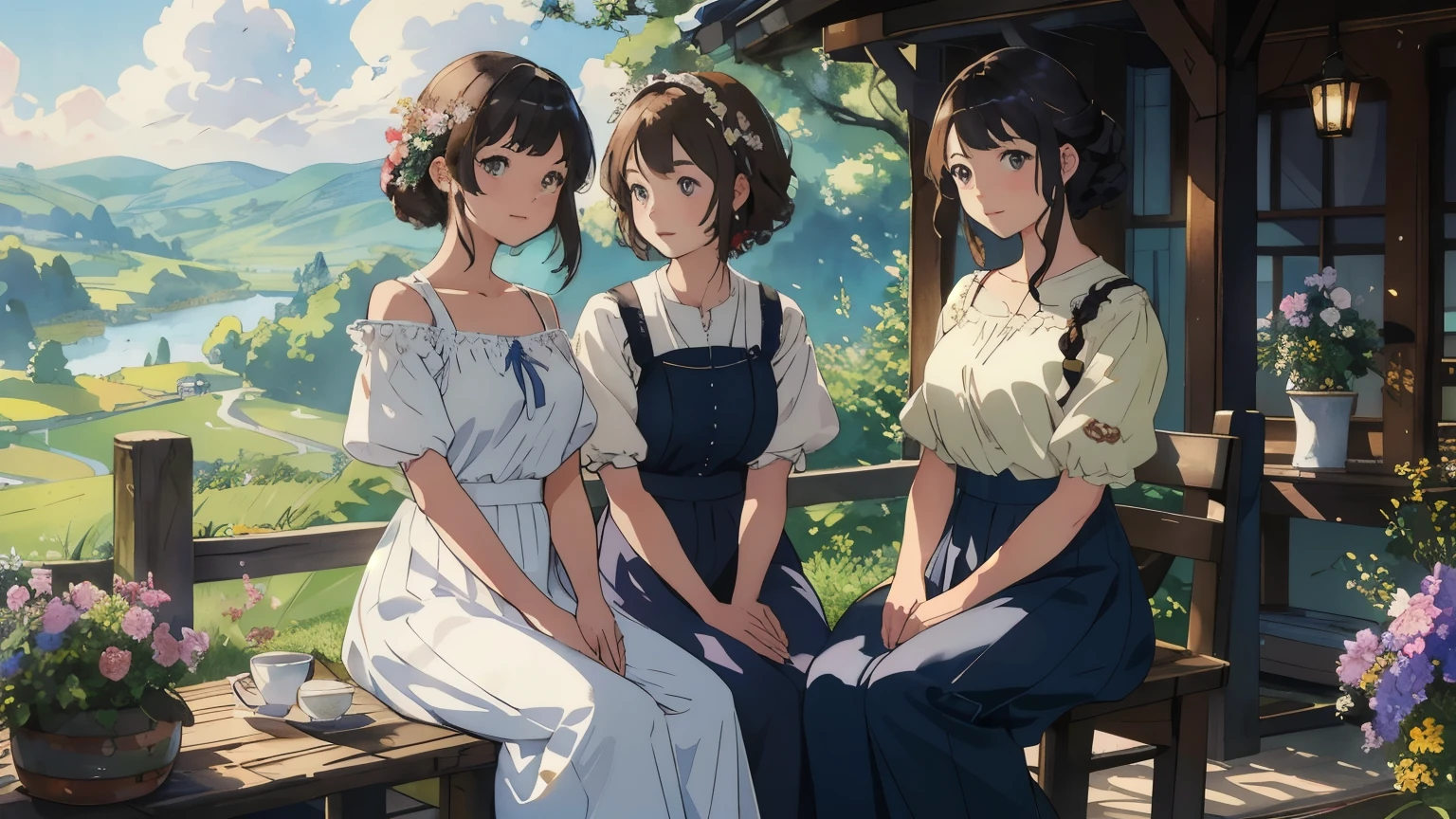 (highest quality、masterpiece、High resolution)、(Sargent style watercolor)、(anime art)、soft light、Views of the Cotswolds、old farmhouse、flowers bloom、((three women、everyone is standing))、(Detailed depiction of a beautiful face)、smile gently、medium short hair、dark brown hair、braided hair、White blouse and long skirt、picnic、cinematic light、soft sunlight、lake、Beautiful mountain range in the background、blur the background、
