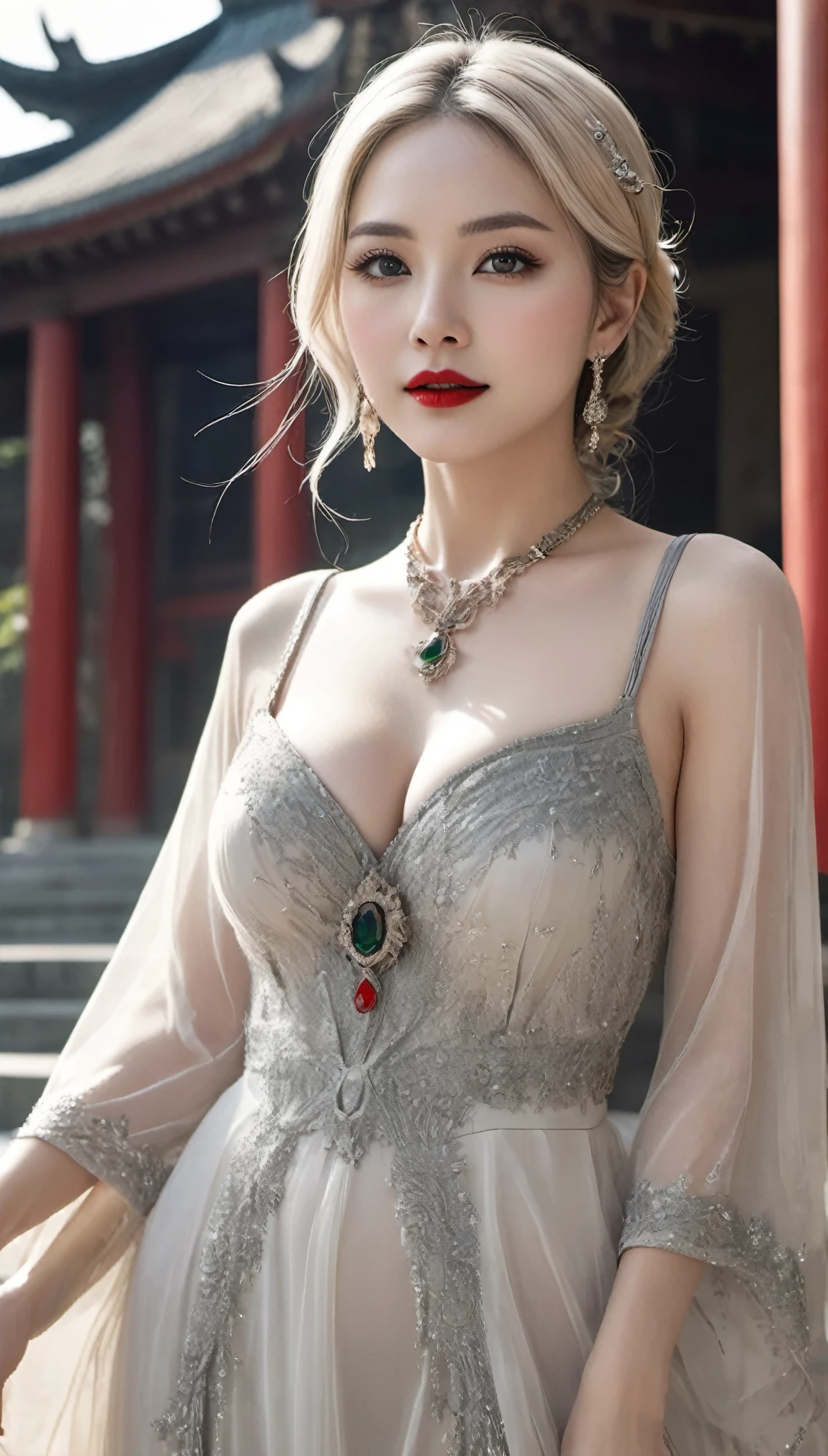 (((surreal woman)))、((very beautiful 30 year old white woman))、(((Big big cleavage)))、のWitch girl、blonde mature、plump body shape、smile、middle-aged beauty 、Very delicate and delicate skin texture、Witch girl、{(ancient ornate and luxurious temple)、(many torches are burning)}、red lips、fine scarlet eyes、(((Luxury and gorgeous silver outfit and luxurious accessories)))、I have a shining platinum wand、