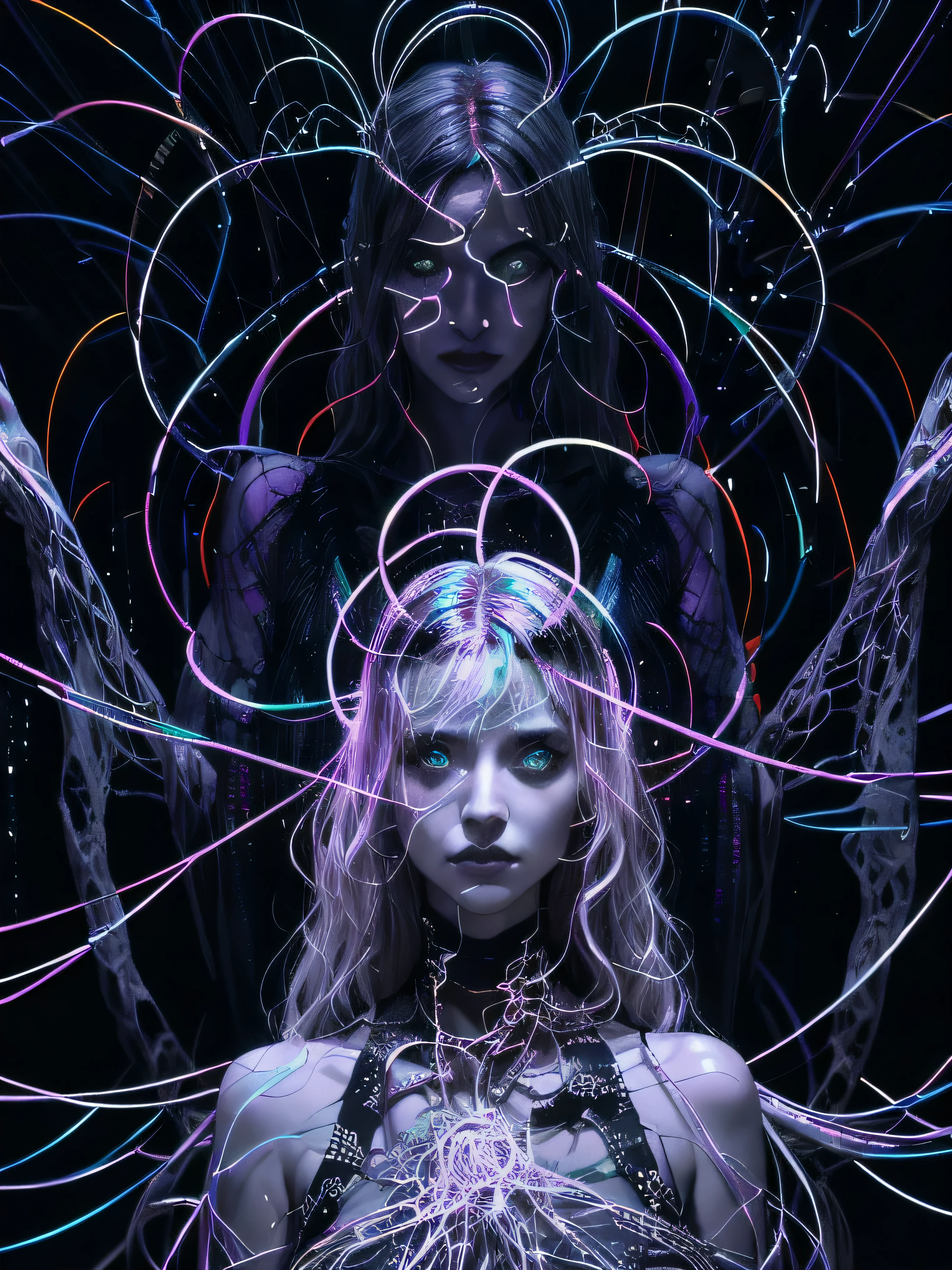 Alexander Calder style mysterious figure emerges from the shadows in a tangled mess of iridescent wires and glowing mesh, afterglow hidden behind layers of glitched wavy distortions, non-representational, color connection and Changeling Sentinel, frustrated of feelings, imaginative, highly detailed, realistic, detailed, balanced, by Trey Ratcliff, Klaus Herrmann, Serge Ramelli, Jimmy McIntyre, Elia Locardi, (Noir), black and white , detective , crime , mystery