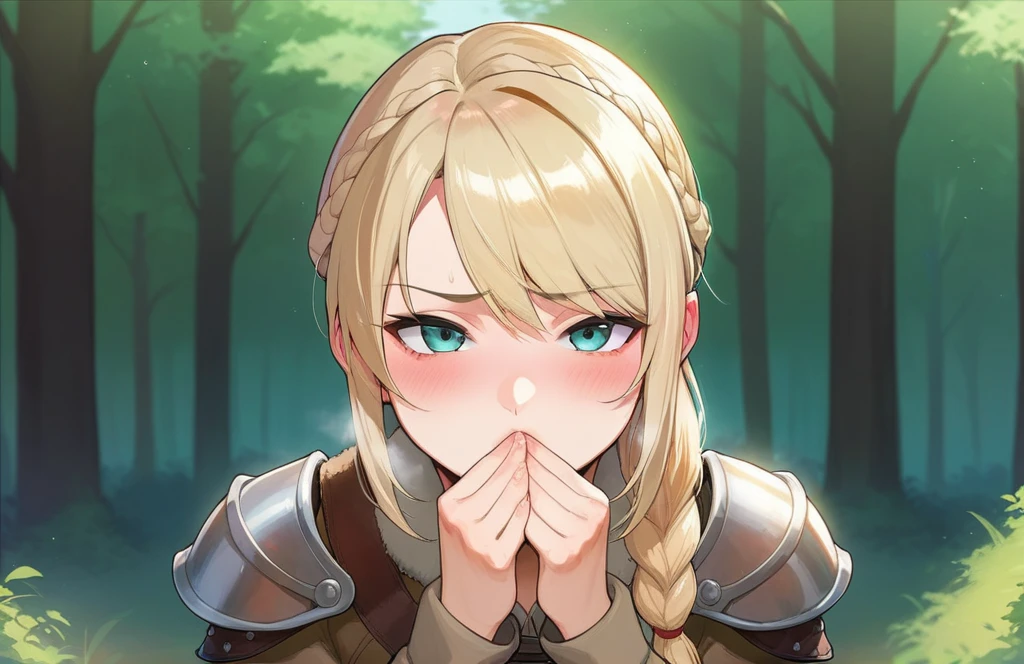 score_9, score_8_up, score_7_up, score_6_up, source_anime, BREAK by ikuchan kaoru, iku, clean color, flat color,1girl, astrid hofferson, outdoors, in Forest, face focus, face closeup, face, face only, smug, shy, embarrassed, covering mouth, covering eyes, mocking, giggle, humiliation