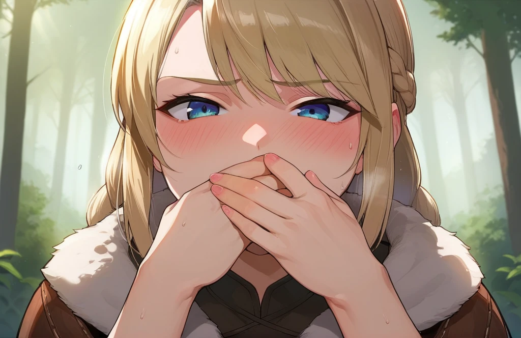 score_9, score_8_up, score_7_up, score_6_up, source_anime, BREAK by ikuchan kaoru, iku, clean color, flat color,1girl, astrid hofferson, outdoors, in Forest, face focus, face closeup, face, face only, smug, shy, embarrassed, covering mouth, covering eyes, mocking, giggle, humiliation