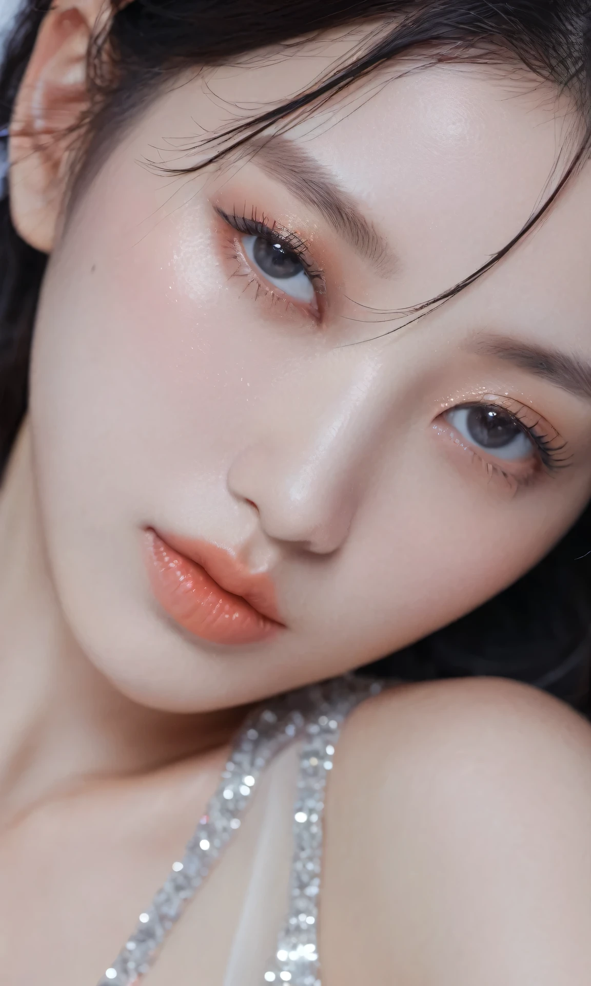(Best quality, 8k, 32k, Masterpiece, UHD:1.3),Photo of glamorous Japanese woman, 1girl, (abs, slender figure, perfect body :1.2), medium-short hair: 1.1, (wet black erotic dress: 1.1), (indoor, night :1.2), lay down on bed, ultra-detailed face, detailed lips, detailed eyes, double eyelid,  (seductive makeup), film gain