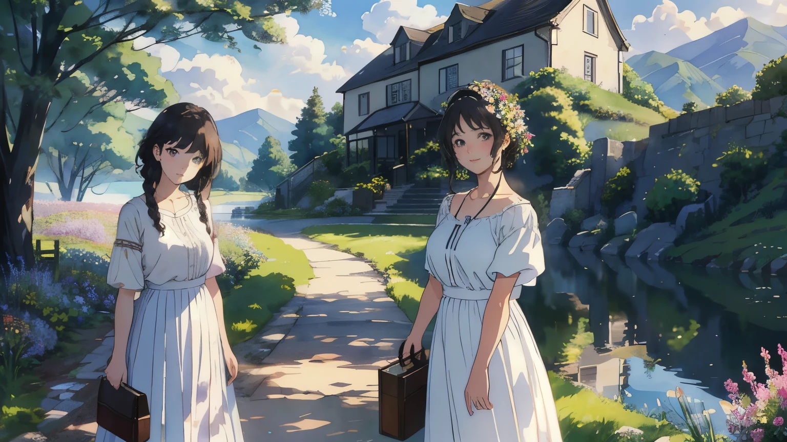 (highest quality、masterpiece、High resolution)、(Sargent style watercolor)、(anime art)、soft light、Views of the Cotswolds、old farmhouse、flowers bloom、((three women、everyone is standing))、(Detailed depiction of a beautiful face)、smile gently、medium short hair、dark brown hair、braided hair、White blouse and long skirt、picnic、cinematic light、soft sunlight、lake、Beautiful mountain range in the background、blur the background、