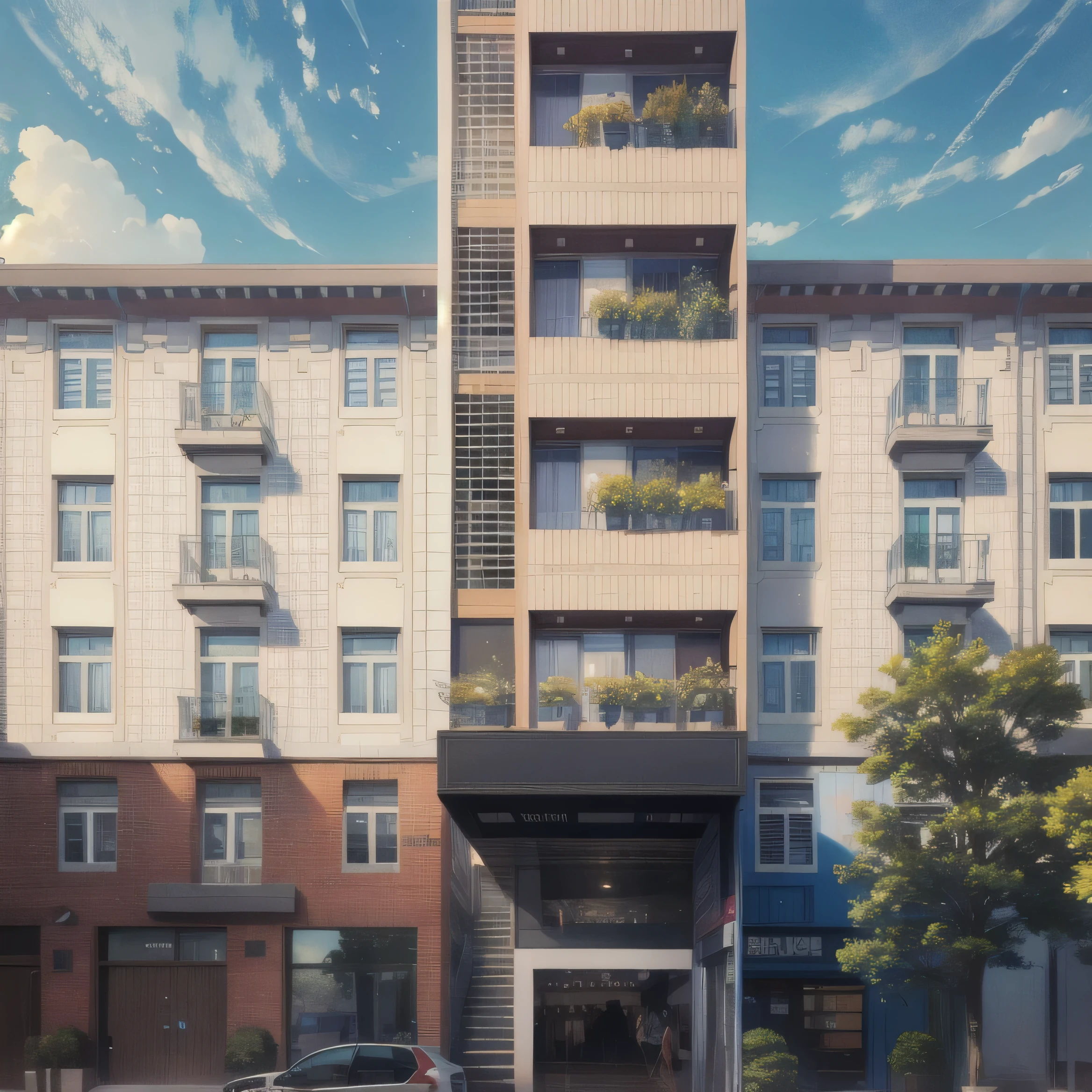 rendu d'a modern building with a car parked in front, building facing, middle view, precise rendu architectural, Complete building, outdoor wide angle 2022, Residential, vue de face, vue de face, vue en élévation, Exterior view, 2 jours cg, rendu architectural, full view, realistic building, multi-story building, perspective de face