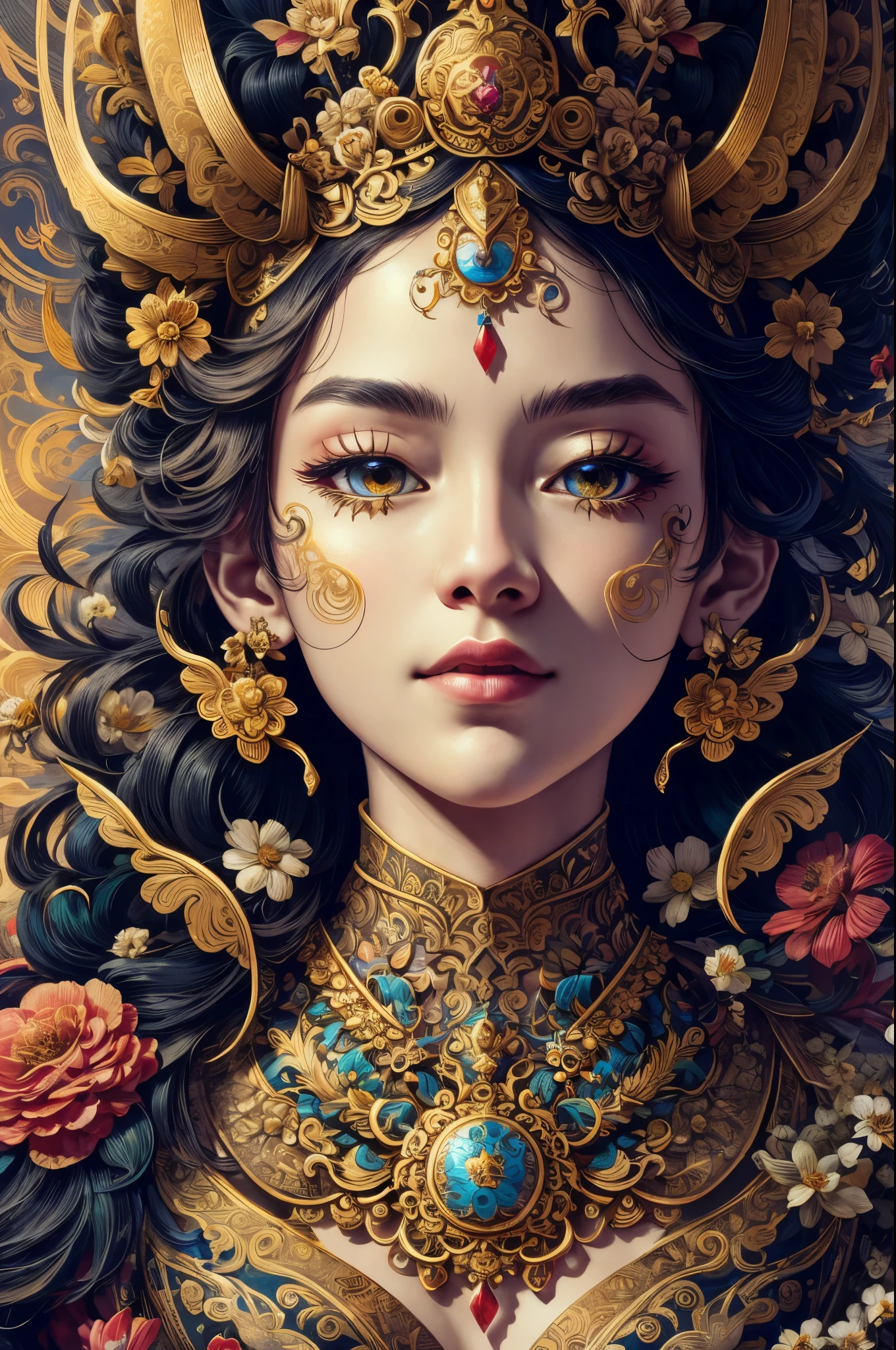 (masterpiece, highest quality, highest quality, official art, beautiful and aesthetic:1.2), great art, abstract, flower-like, in the center, Complex, very detailed, breathtaking beauty, precise lineart, lively, comprehensive, cinematic, deep shadow, Golden Queen、