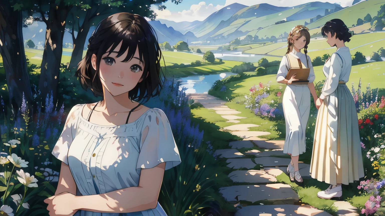 (highest quality、masterpiece、High resolution)、(Sargent style watercolor)、(anime art)、soft light、Views of the Cotswolds、old farmhouse、flowers bloom、((three women、everyone is standing))、(Detailed depiction of a beautiful face)、smile gently、medium short hair、dark brown hair、braided hair、White blouse and long skirt、picnic、cinematic light、soft sunlight、lake、Beautiful mountain range in the background、blur the background、