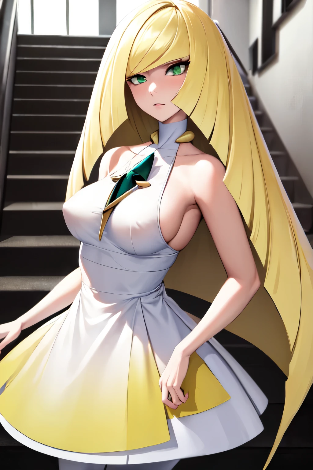 ((best quality)), ((highly detailed)), masterpiece, absurdres, (detailed eyes, deep eyes), (1girl), cowboy shot, Lusamine, blondde hair, very long hair, green eyes, medium breasts, (white dress), sleeveless dress, green gemstone, white leggings, high heels, white footwear, (indoors, on a stairway), sideboob