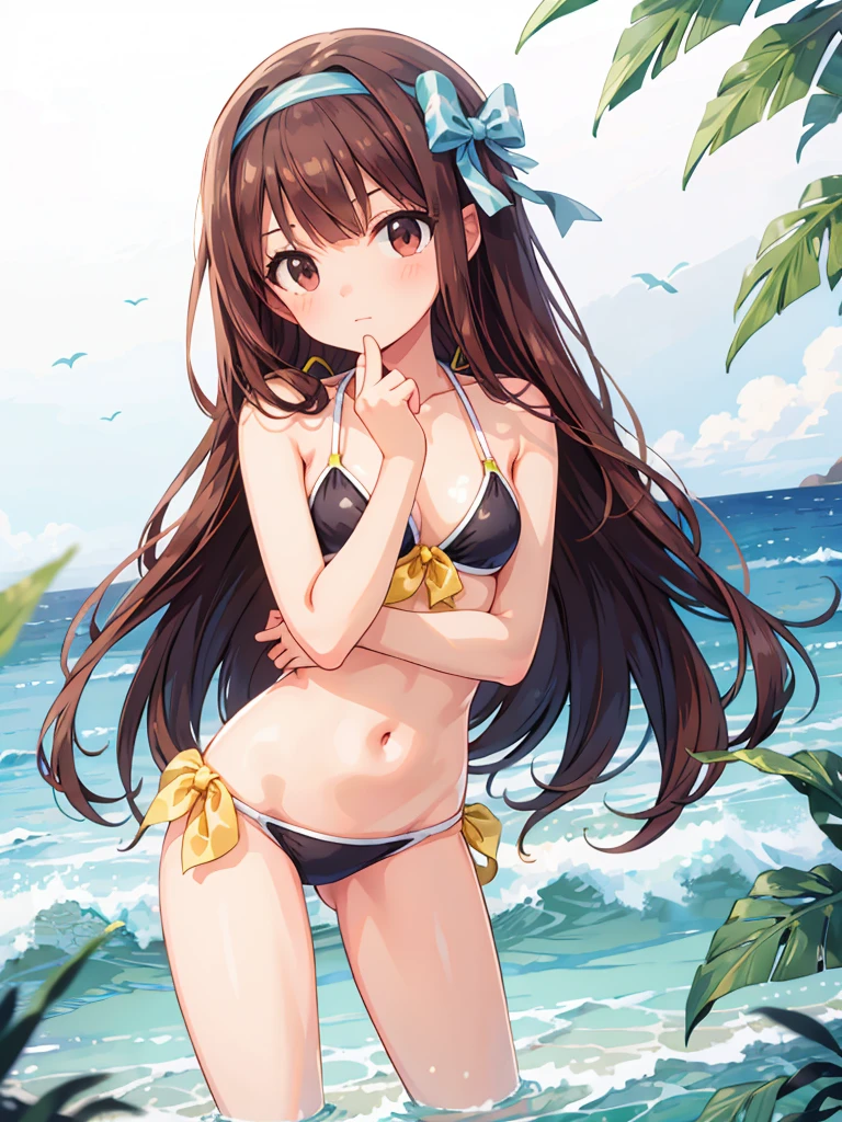 masterpiece, beautiful illustrations, highest quality, pretty girl, 1girl, standing, pastel colour, (two-separated bikini), sexy bikini, reddish brown long hair, headband, bright lighting, looking at viewer, on the shore