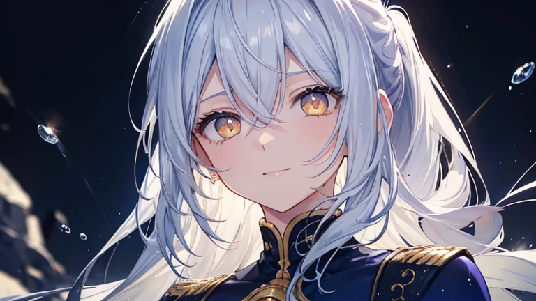 (((golden eyes))), silver hair, Hair style is ponytail, Blue-purple clothing, About 26 years old, cool,1 female, slanted eyes, simple background, spectacular lighting, lamp light, smiling expression,masterpiece,highest quality,Super detailed,anime illustration,long hair, fill light,beautiful,Light blue highlights on eyes,Blue gradient for eyes,waist,Backgrounds that evoke ice and water,very delicate and beautiful,face light,beautiful eyes,brighten your face