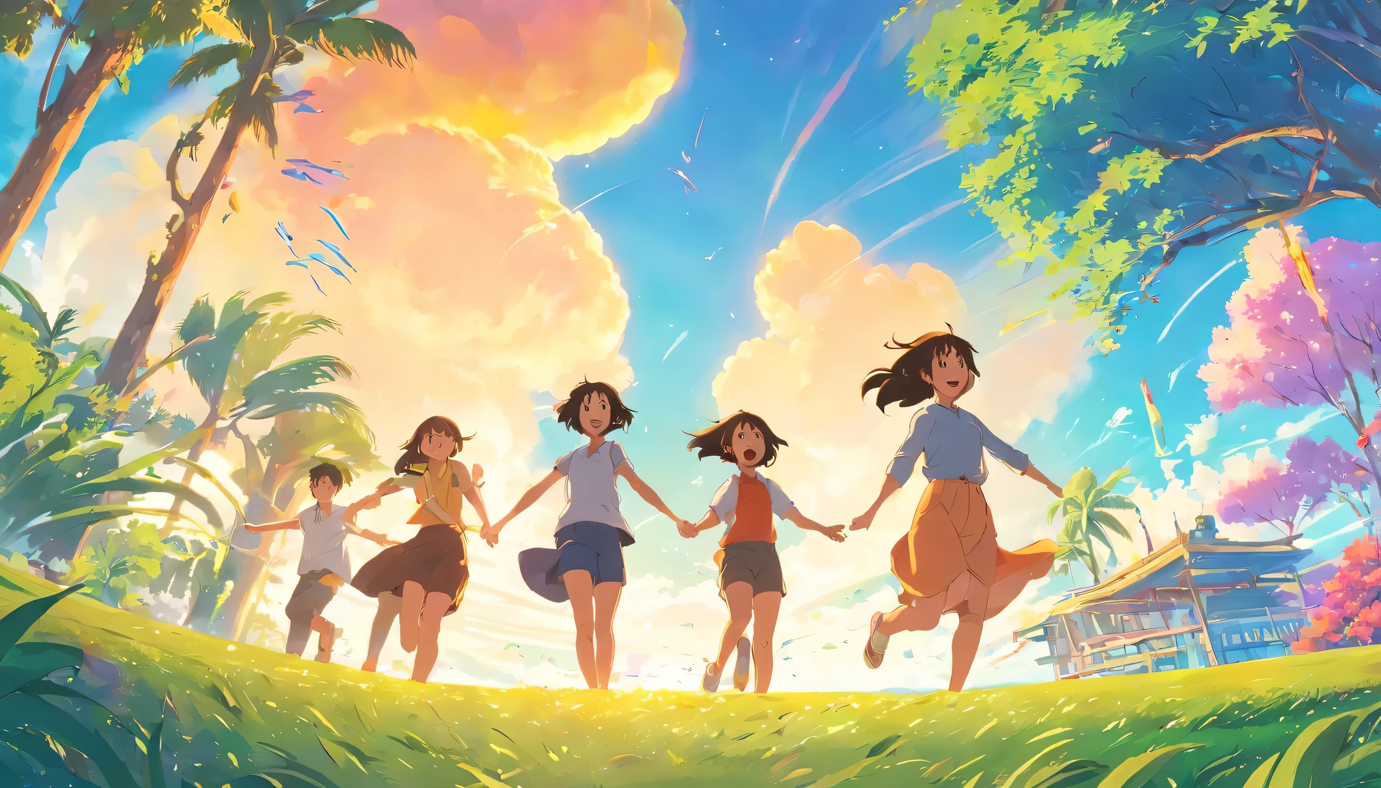 closeup of a group of friends having fun, Colorful fantasy island garden, Otherworldly Tree々, Colorful sky, playful mood, joyful activities, Busy Settings, lively scene, joy, fun, Otherworldly charm, A happy smiling family