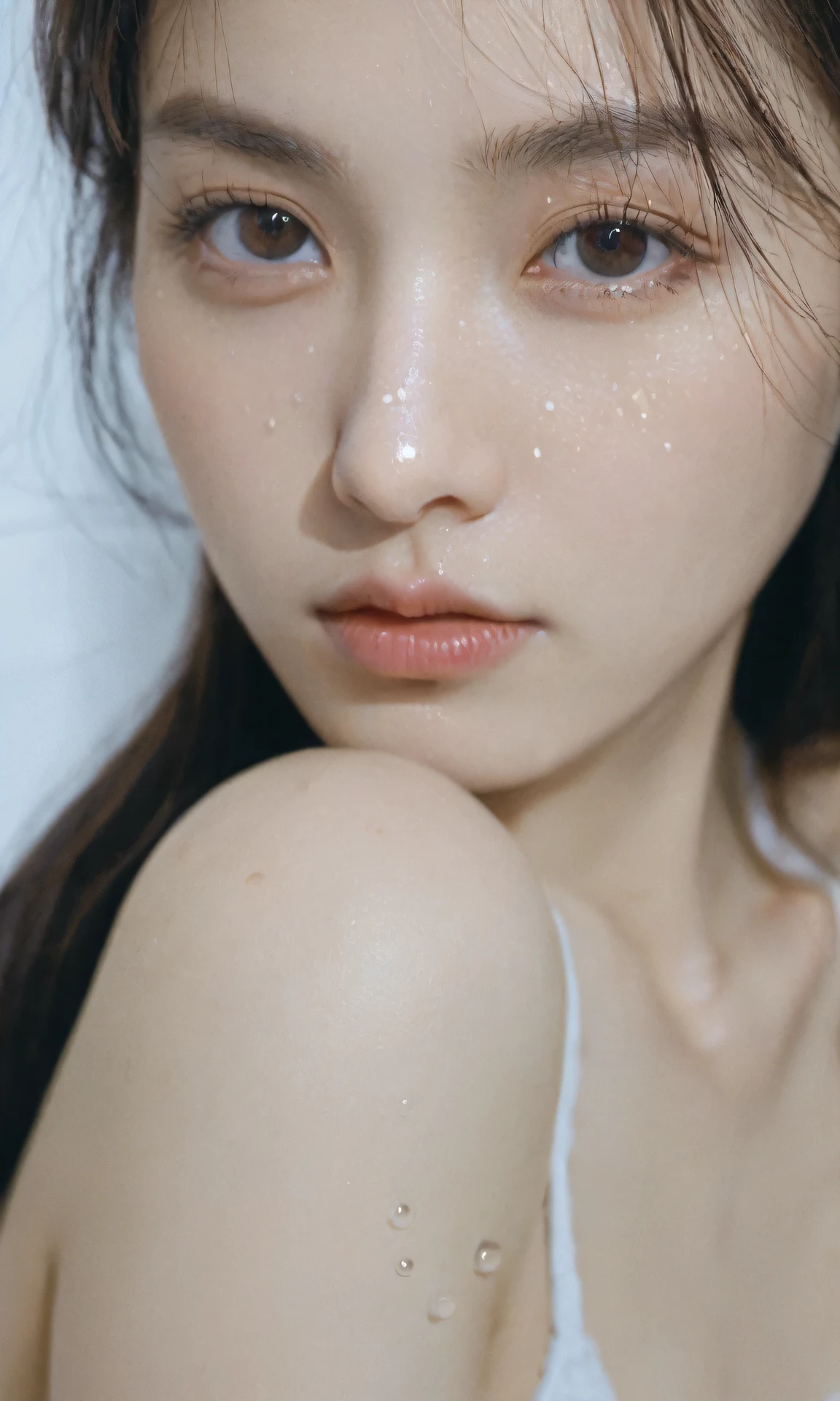  (masterpiece:1.2), Very detailed, Ultra-high resolution, (Realistic, photo Realistic:1.37), High resolution raw color photos, Professional photos, Dramatic lighting, Sharp focus:1.2, (Very detailed顔と肌の質感, Very beautiful eyes, Glossのある肌, Glowing Skin, Glowing Skin, Shining Face, Gloss, Oily skin, greasy face, Oily skin, greasy face, 強いGloss), Perfect Anatomy, Very detailed背景, 1 female, 30-year-old woman, Japanese women, (Short Hair:1.5,Black Hair), Large Breasts, Bedroom, Thighs, ((erotic)), ((Sensual)), Woman close up, Warm color scheme, ((Glowing Skin)), (((Please lie on your back))), ((Lying down)), (Please raise your hand), Cleavage),(real Glossのある肌 texture), (Glowing Skin), ((((Sweat, blush, close your eyes, Open your mouth:1.3))), (Tilt your head:1.3),), White skin、Multiple moles:0.7 Viewer discretion advised,Tank top、lingerie