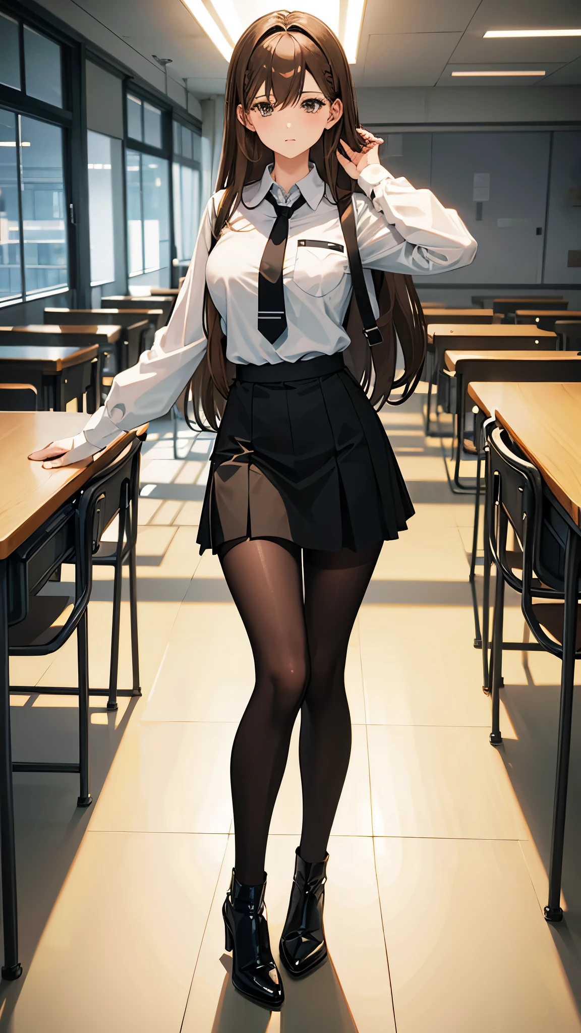 Anime woman with light brown hair wearing a black skirt, a white collared shirt, tie, pantyhose and high heel boots inside a classroom