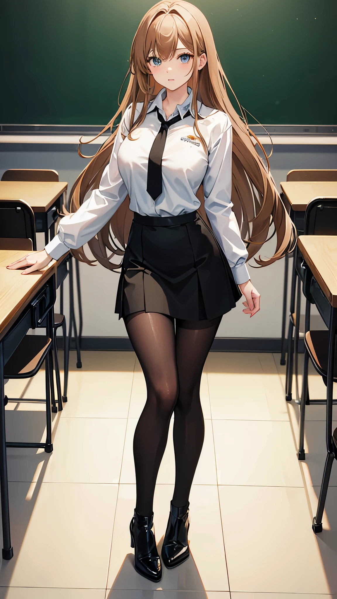 Anime woman with brown blonde hair wearing a black skirt, a white collared shirt, tie, pantyhose and high heel boots inside a classroom