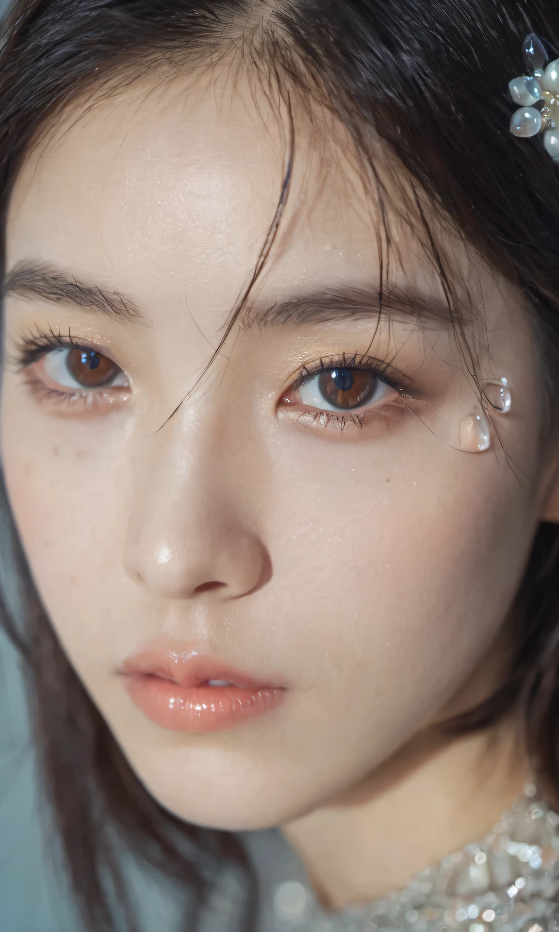 xxmixgirl, analog style, eye focus, highest quality, (highly detailed skin), photo of a exquisitely beautiful pale skin, 21yo, perfect face, alluring eyes, (seductive makeup: 1.3), skin pores, (bokeh:1.2), sharp focus, dappled lighting, (backlighting), film grain, (highly detailed, intricately detailed), 8k, HDR, front view, studio light, Ultra-detailed face, Detailed eyes, (Double eyelid: 1.4), alice toggle, brown eye, (commercial: 1.4), 1girl wet tshirt water drops, (splash detailed)