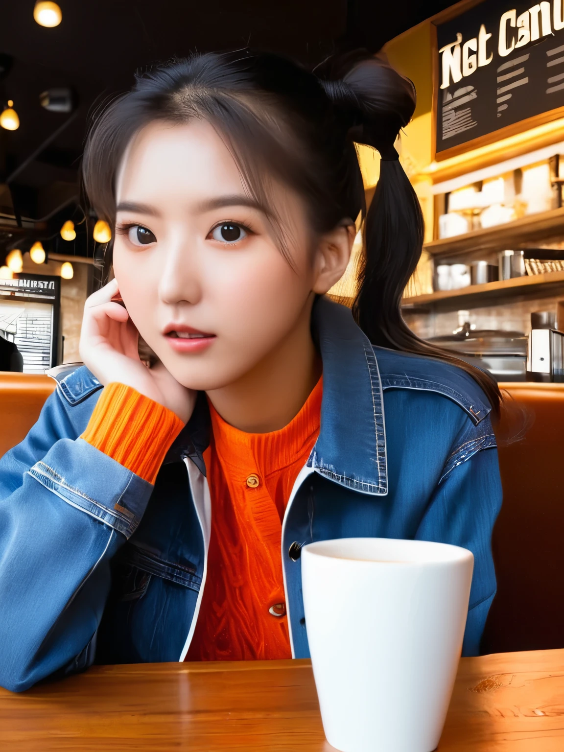 8K、top-quality、masterpiece、realisitic、The ultra-detailliert、Photo Real、hyper realstic、Smooth lighting、Improved lighting quality in movies、Realistic lighting、back lighting、brightened light、enhanced quality、Top quality real texture skins、
Write、thin、cute face、a smile、beautiful finely detailed eyes、19-year-old Korean、Quite、Electric blue color drill hair、hoods、full bodyesbian、cafes、sit a chair、long legs crossed、put your hair up、toned lower body、jeans、profile、Natural smile