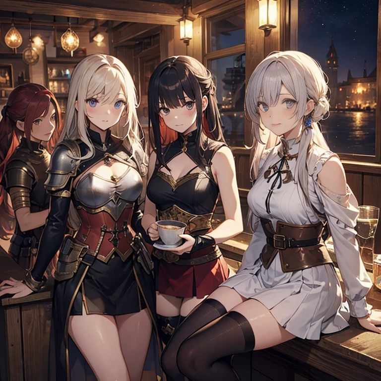 A group of female medieval fantasy adventurers, (in bar), various hair styles, harem, night, details face, short skirt, seducing, sleeveless, armor