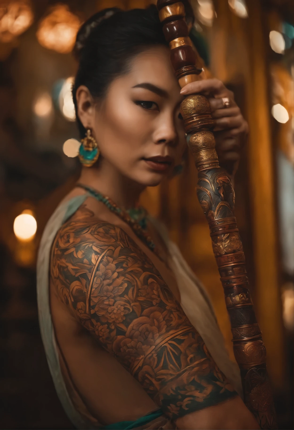 Un tatuaje de el legendario rey mono de culturas asia, con su baston y su notoria alegria 