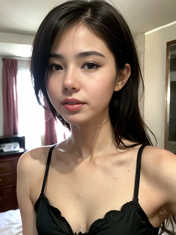 (best quality, masterpiece:1.2), A Woman, Portrait, Small Breast, Bra, bedroom