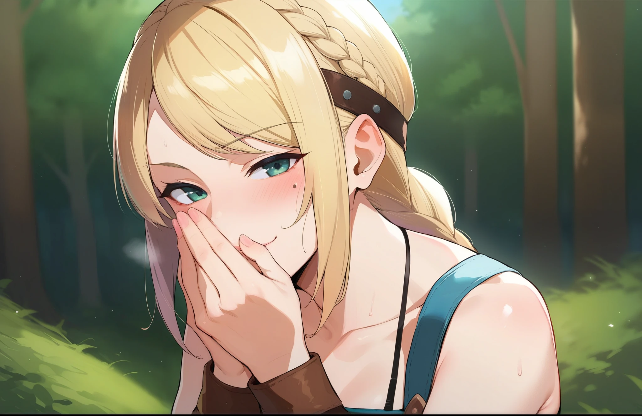 score_9, score_8_up, score_7_up, score_6_up, source_anime, BREAK by ikuchan kaoru, iku, clean color, flat color,1girl, astrid hofferson, outdoors, in Forest, face focus, face closeup, face, face only, smug, shy, embarrassed, covering mouth, covering eyes, mocking, giggle, humiliation