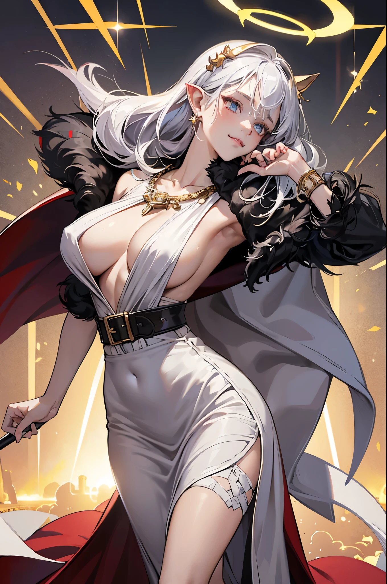 Idol style,Succubus,baby, Advanced art style,works of masters,16K,HD,Scary smile,silver hair,noble,Mink scarf,crutch,full-body shot,golden light,Advanced Cape,necklace,belt,blush,halo,Sexy figure,Lower chest display,Divine Light,Film light and shadow,Domineering,The King's Aura,arrogant,Reduce clothing fabric,Details of the face,looking down,saint,perspective,Bandage wrap around the chest,Tattoo on the chest,Fallen,dark,bicolor hair,earrings,ambiguous,Shining star eyes,Special skill,Advanced special effects,perfect waist to hip ratio,elf ears,murderous,horse face skirt,headgear,Recovery Effects