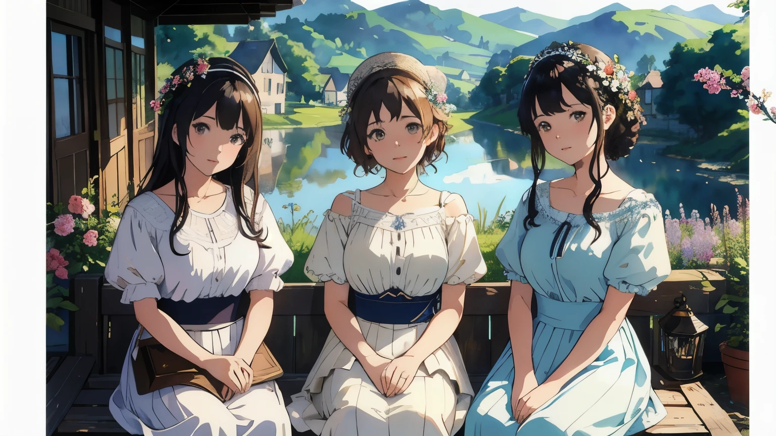 (highest quality、masterpiece、High resolution)、(Sargent style watercolor)、(anime art)、soft light、Views of the Cotswolds、old farmhouse、flowers bloom、((three women、everyone is standing))、(Detailed depiction of a beautiful face)、smile gently、medium short hair、dark brown hair、braided hair、White blouse and long skirt、picnic、cinematic light、soft sunlight、lake、Beautiful mountain range in the background、blur the background、