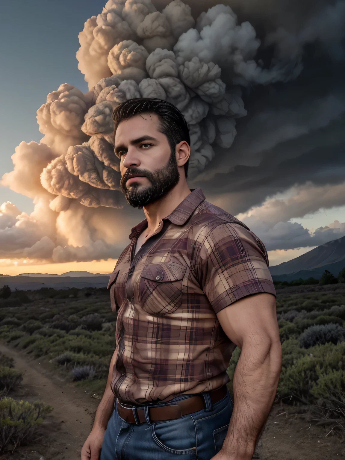 obra maestra, Mejor calidad, high resolution, Retrato de primer plano, (1 chico:1.4) A man in a lumberjack suit, muscular, (descamisado: 1.2) enfoque masculino, enfocarse solo, piel bronceada, 38-year-old man dressed as a lumberjack., muscular, fuerte, peludo, Masculino, (con camisa: 1.2), al fondo una granja, in a volcanic eruption , amazing composition, Vista frontal, HDR, volumetric lighting, (plano general, desde el frente:1.2) (GS-Macho :1.5) (magnificent landscape:1.2)