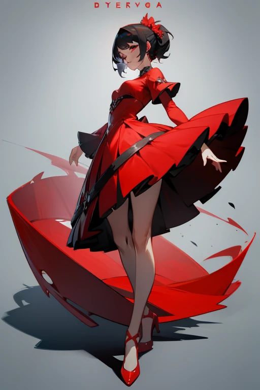 Woman in a red dress、full body character, One word all over the body, stylized characters,