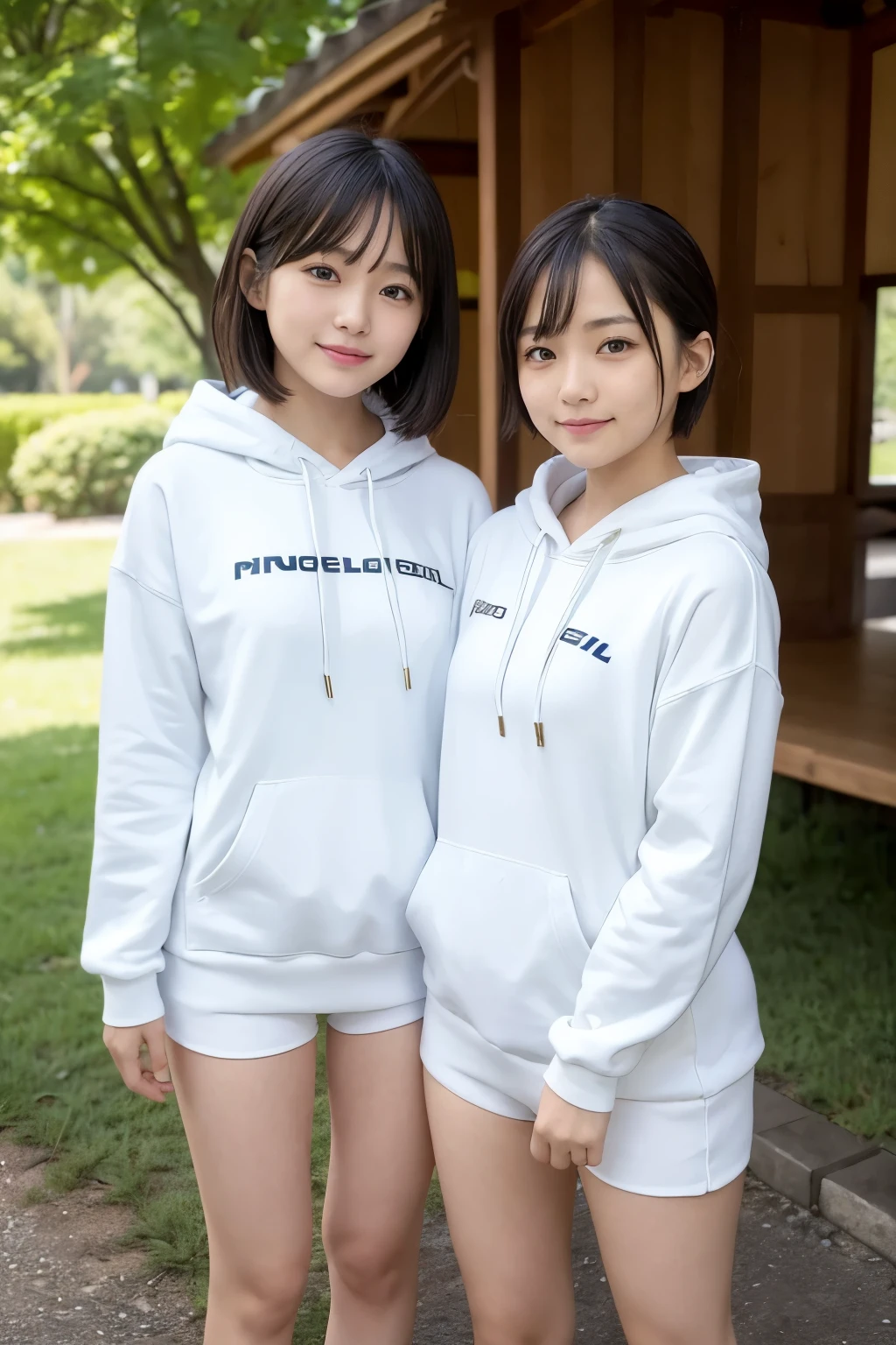 (2 girls, same height :1.2) ,Rear view, couple focus ,  ,   japanese girl ,  (smile:0.7), stand next to each other ,  Upper body, Gym suit, white long sleeve hoodie, hood, school swimwear, , 美しいthighs,please reconsider, realistic butt crack, thin waist, 細いthighs, thin legs, long legs, にやにやのsmile, very short hair , bob hair, (high color saturation:1.0),  (highly detailed skin), (highest quality:1.0), (ultra high resolution:1.0) ,(realistic:1.0), (Super detailed:1.0), (8K, Raw photo:1.1)、thighs、knees、share、from below