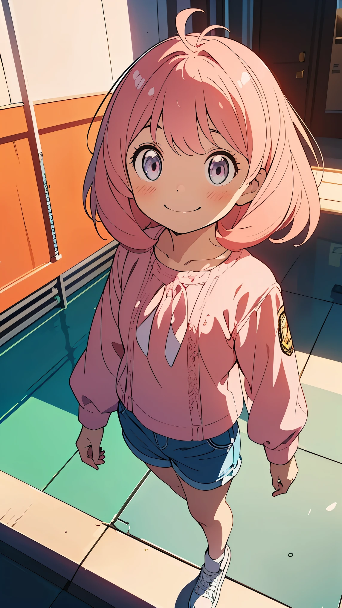 (Kid girl1,Anya forger1),(pink hair,pink eyes,smile),(White blouse,Blue short pants),full body,highly detailed CG, unit, 8K wallpapers, highest quality, high resolution, beautiful lighting, realistic shadow,(detailed face Highly,detailed eyes Highly,detailed hair)