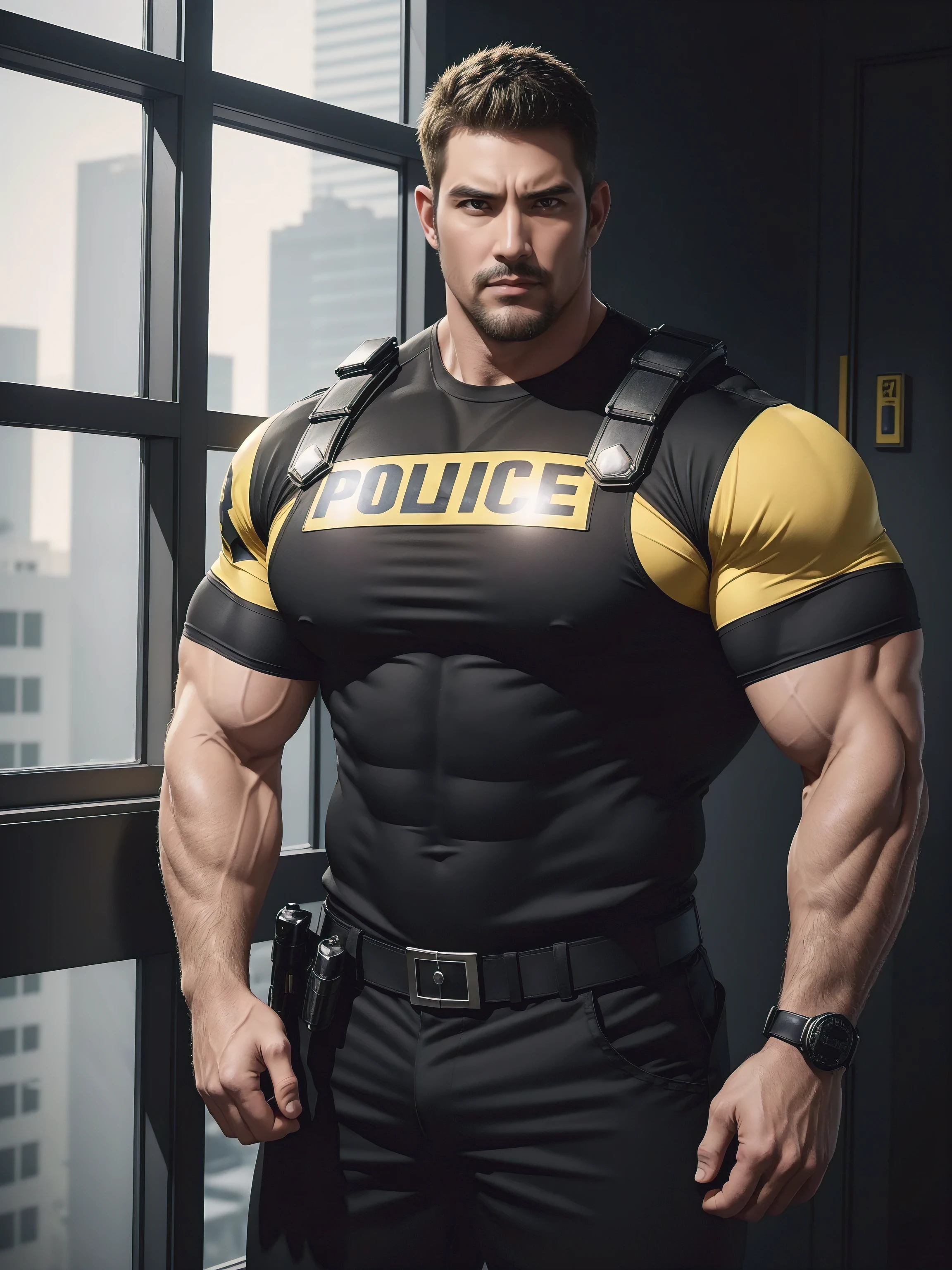 One Tall giant muscular police officer, Yellow and black police uniform, The expression is arrogant, Lift your chin, disheveled hair, thick thighs, Yellow and black police officer T-shirt, Very tight, Regular symmetrical pattern, Accentuate muscles, Police uniform pants, character concept（Resident Evil - chris redfield, chris redfield）proud expression, Deep and charming eyes, heroic male pose, tall burly, muscular！muscular thighs, tough guy, perfect facial features, High, burly, Heqiang, Super gain and cool, high resolution committee, Charming strong man, The bright sunshine shines on my face through the window