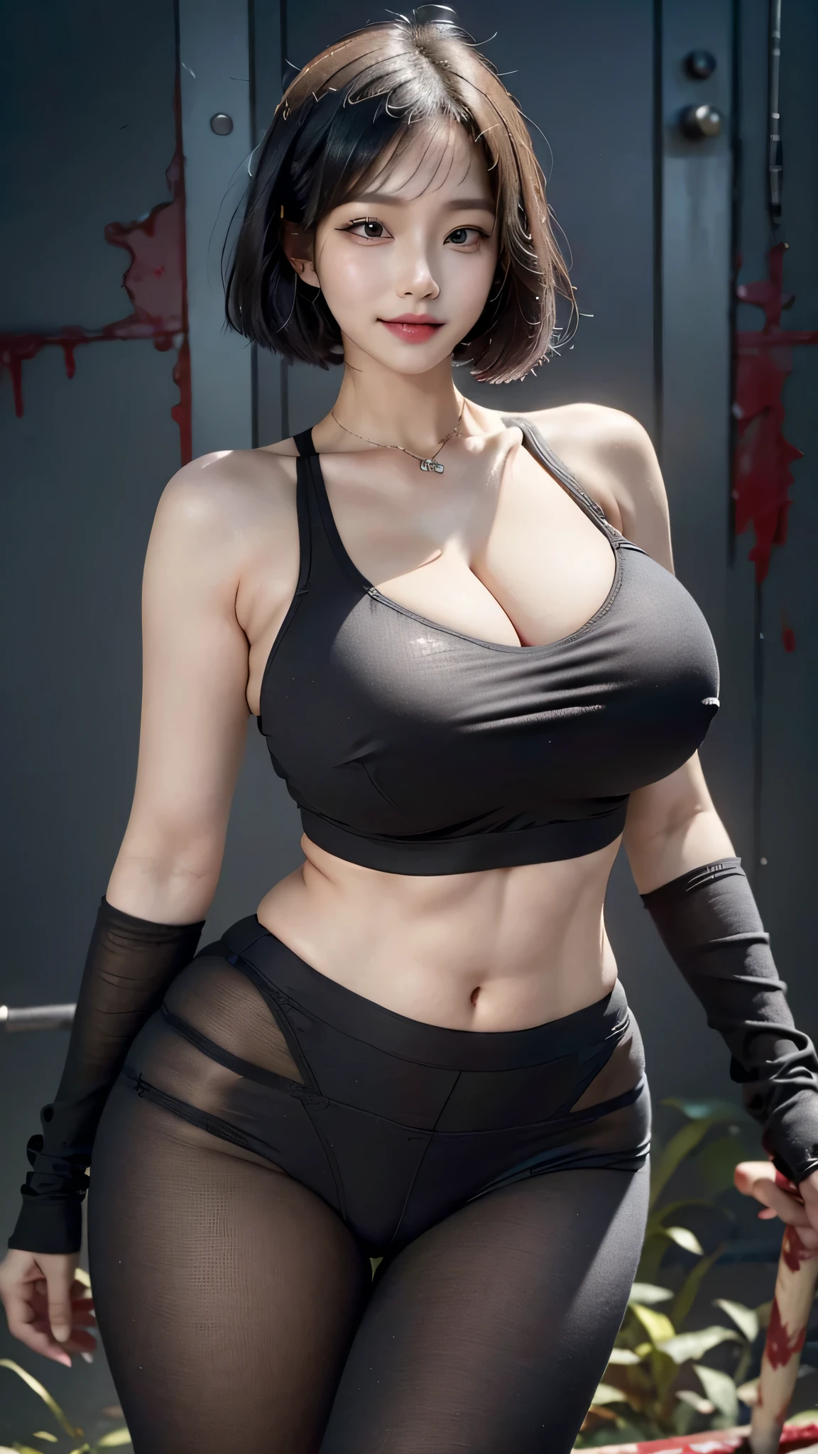 Korean woman, (huge tits :1.2), dynamic movement, best quality best, masterpiece, hyper hd, (slim:1.1), (Abs: 1.2), (wide open mouth: 1.3), smile, short hair,Bobfirm, forest, dark night, dinner, see the moon, Black leggings, sports bra, (Thick thighs: 1.2), holding an ax, (blood: 1.5), bloody, homicidal maniac, psychopath, crazy smile, muscular, axe