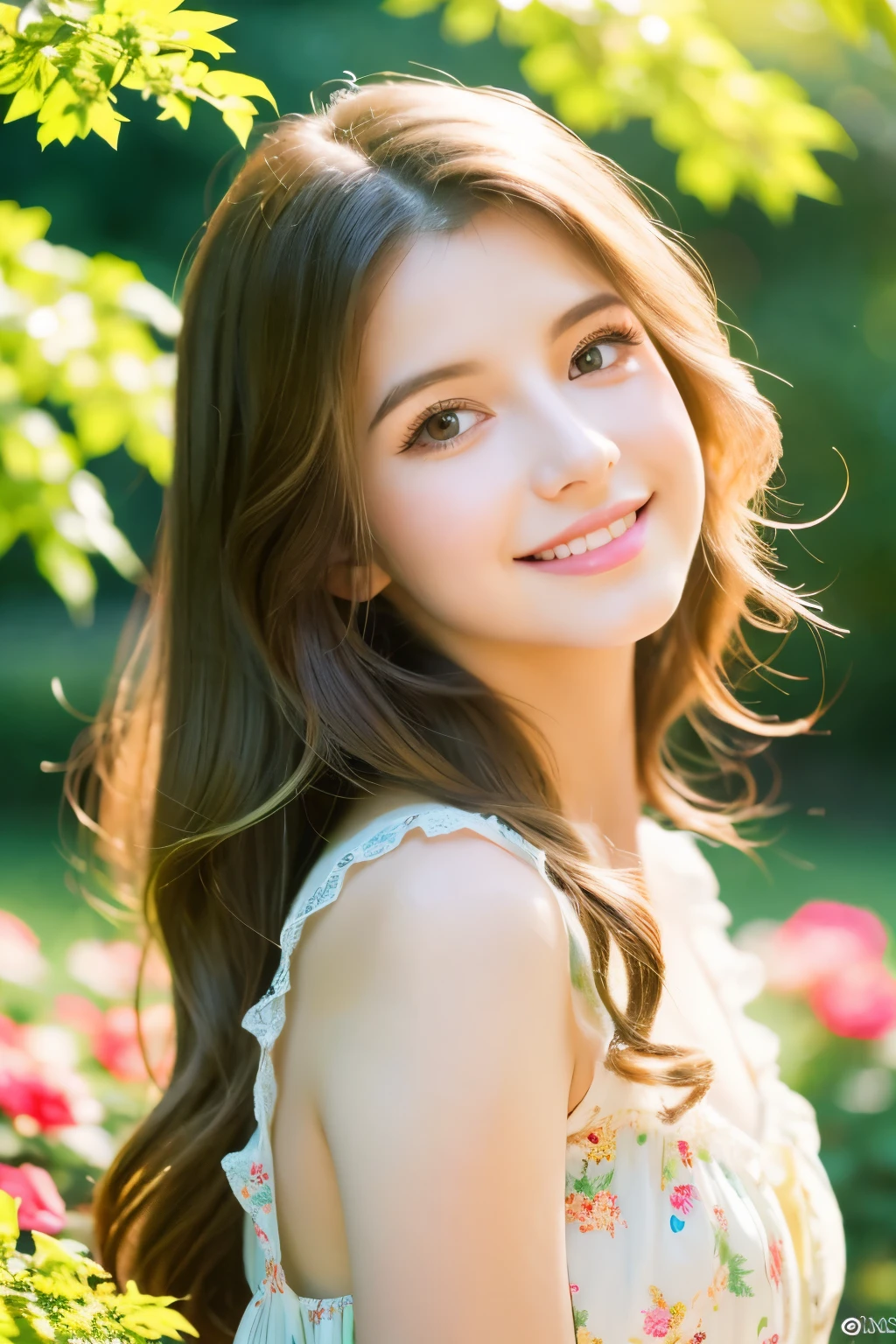 best quality,4k,8k,highres,masterpiece:1.2,vivid colors,portraits,A girl in a garden,beautiful detailed eyes,beautiful detailed lips,extremely detailed eyes and face,long eyelashes,soft and flowing hair,natural and glowing skin,lovely smile,fluttering summer dress,freshly bloomed flowers,green grass and trees,warm sunlight,playful pose,serene atmosphere,soft color palette,subtle lighting effects