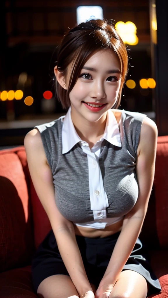 (8k, RAW photo, best quality, masterpiece:1.2), (realistic, photo-realistic:1.37), ultra-detailed,
1 girl,cute, solo,beautiful detailed sky,detailed cafe,night,sitting,dating,(nose blush),(smile:1.1),(closed mouth),large breasts, seductive smile, large aparture, professional lighting, Sony A7R4, Zessie 50mm F1.8,
medium breasts,beautiful detailed eyes,(collared shirt:1.1), bowtie,pleated skirt,(short hair:1.2),floating hair 