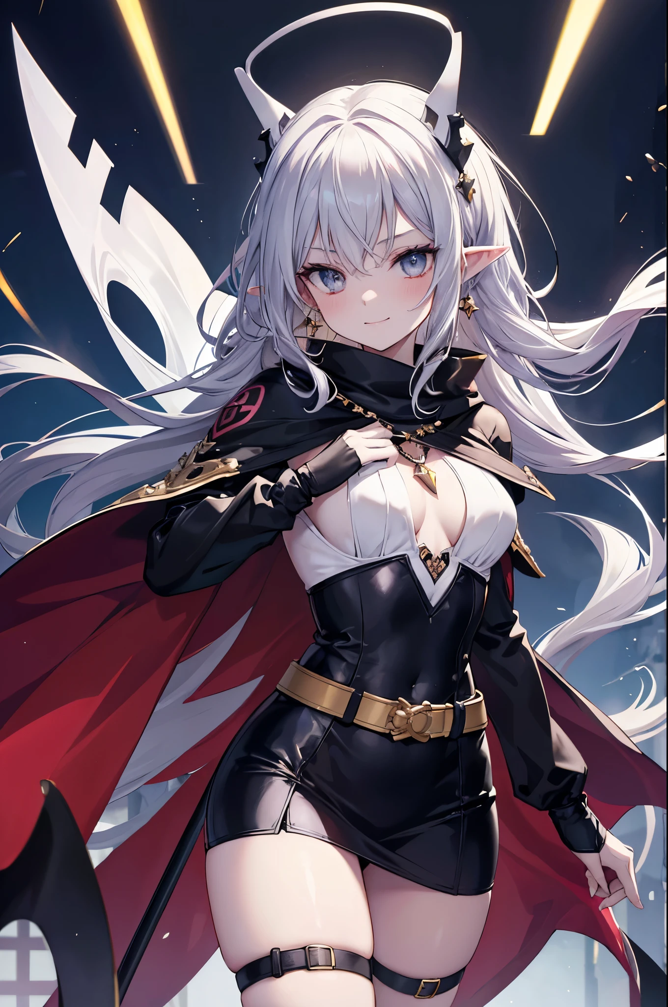 Idol style,Succubus,Inflatable Doll, Advanced art style,works of masters,16K,HD,Scary smile,silver hair,noble,Mink scarf,crutch,full-body shot,golden light,Advanced Cape,necklace,belt,blush,halo,Sexy figure,Lower chest display,Divine Light,Film light and shadow,Domineering,The King's Aura,arrogant,Reduce clothing fabric,Details of the face,looking down,saint,perspective,Bandage wrap around the chest,Tattoo on the chest,Fallen,dark,bicolor hair,earrings,ambiguous,Shining star eyes,Special skill,Advanced special effects,perfect waist to hip ratio,elf ears,murderous,headgear,HP recovery effect,Bachelor