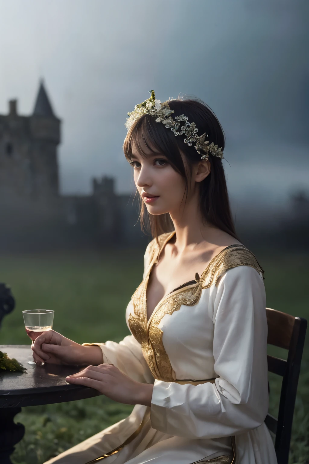 
((table top:1.4, highest quality)), (realistic pictures:1.4), 
((1 girl)), (An unearthly beauty), (dream-like),
(超High resolution:1.2), very delicate and beautiful, wonderful, Highly detailed CG Unity 8K wallpaper, Super detailed, High resolution, 
soft light, beautiful detailed girl, highly detailed eyes and face, beautifully detailed nose, beautiful and detailed eyes, 
(Dressed in ancient Greek maiden costume:1.3), 
cinematic lighting, perfect anatomy, slender body, (parted bangs),
(In the gardens of a Scottish castle:1.3), (Overcast dark background, thick fog, The eerie feeling before the storm:1.3), (outdoor), 
cowboy shot, looking at the viewer, archaic smile