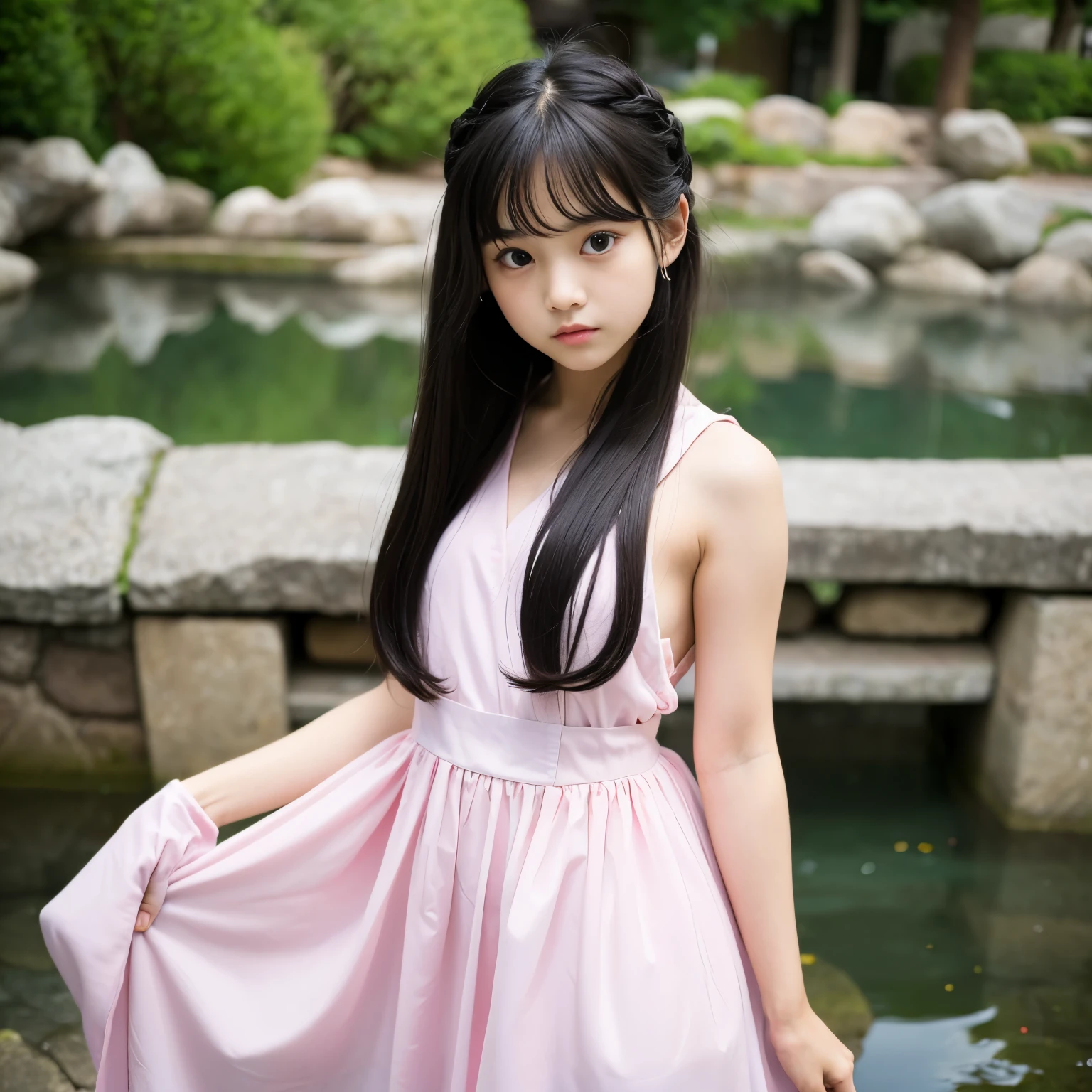 Best-quality, Masterpiece, Ultra-High-Resolution, (Photorealistic:1.4), Raw-Photo, 1girl, -yeld, thost famous Japanese idol, wearing long-dress with cute-design, ((extremely cute face like the most popular Japanese idol, extremely childish-face, ((extremely beautiful big-black-eyes)), extremely cute hairstyle, extremely beautiful hair, extremely beautiful skins)), extremely beautiful long-eyelashes, extremely beautiful lips, perfect-proportion, dynamic-pose