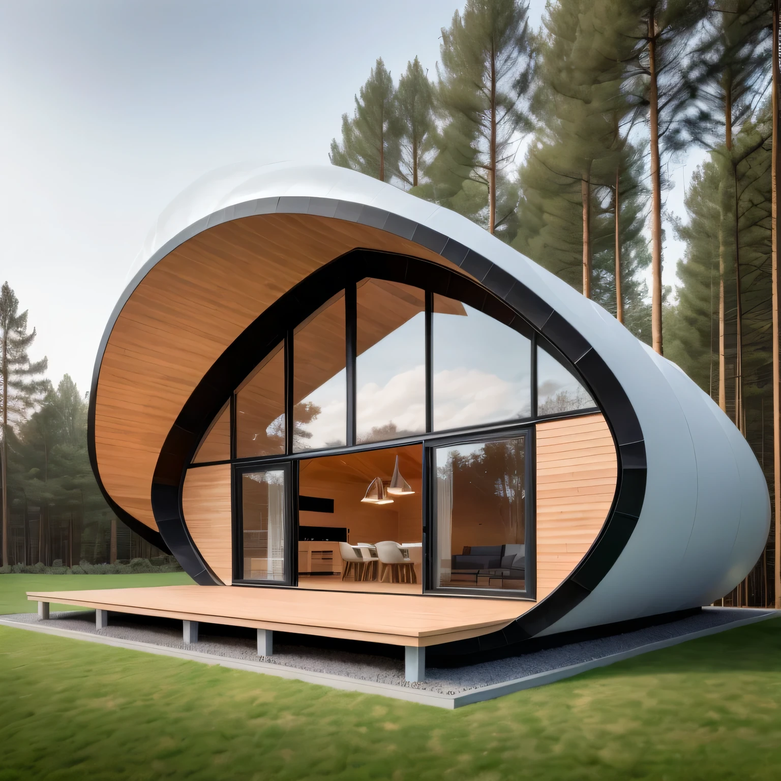 Araf House,There are wooden decks and large glass windows., futuristic house, circular architecture, dome, Stylish utopian design, Modern house in the woods, concept house, Curvy figure, Zaha Hadid architect's style, Smooth curvature design, by Zha Shibiao, Simple wooden house, very futuristic feeling, pod