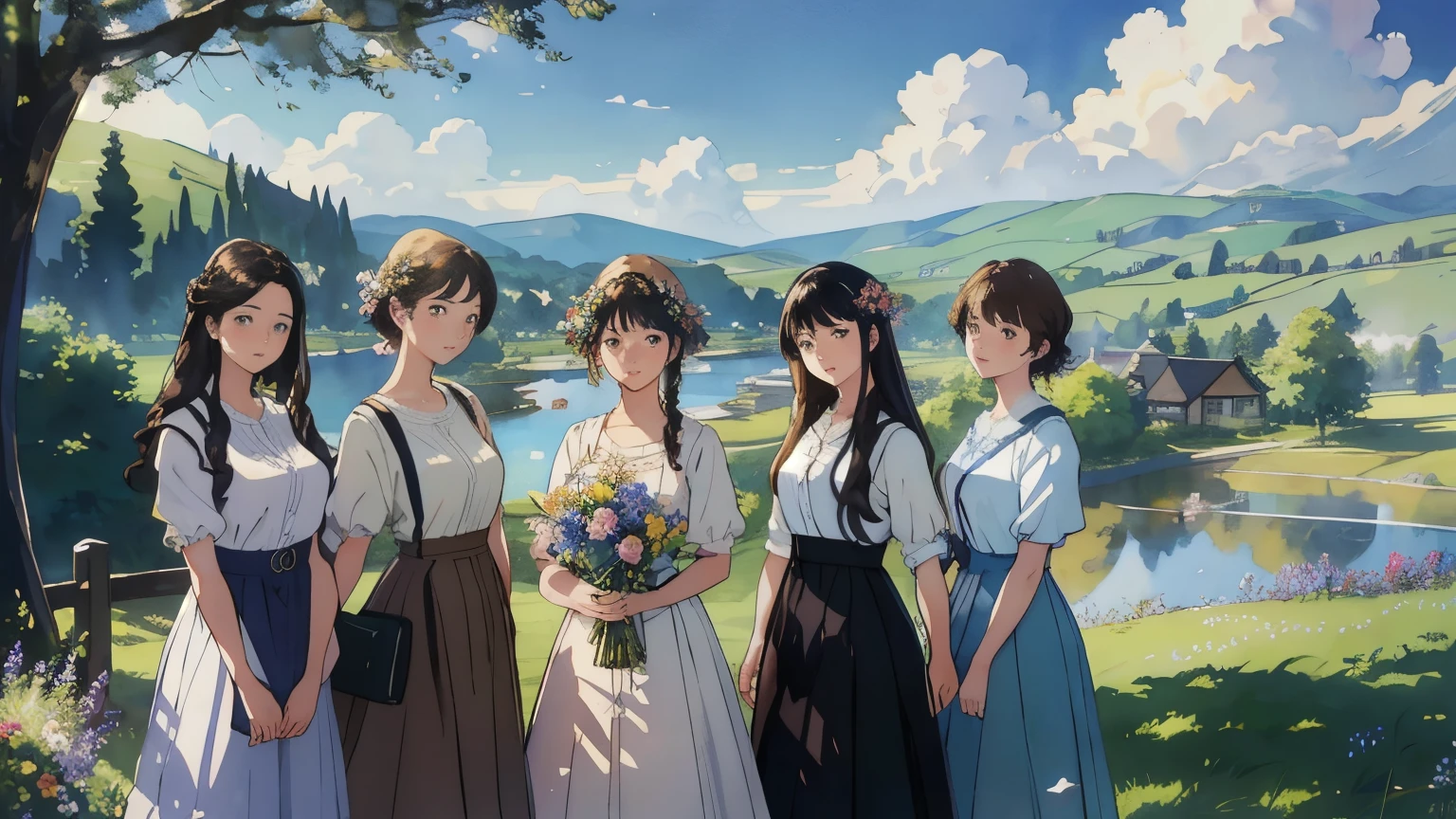 (highest quality、masterpiece、High resolution)、(Sargent style watercolor)、(anime art)、soft light、Views of the Cotswolds、old farmhouse、flowers bloom、((5 women、everyone is standing))、(Detailed depiction of a beautiful face)、smile gently、medium short hair、dark brown hair、braided hair、White blouse and long skirt、picnic、cinematic light、soft sunlight、lake、Beautiful mountain range in the background、blur the background、