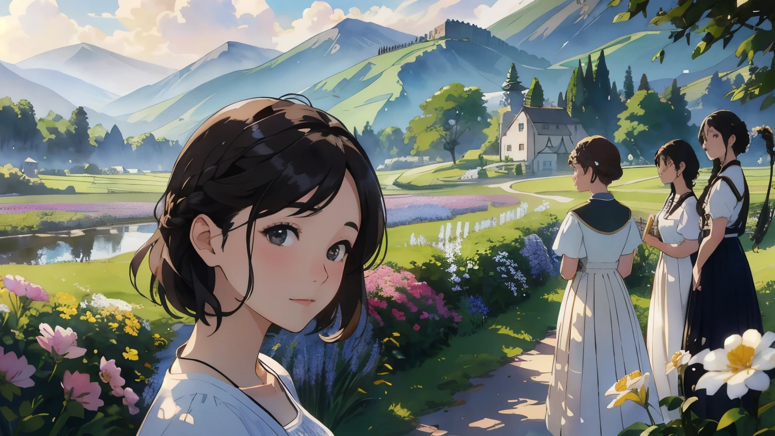 (highest quality、masterpiece、High resolution)、(Sargent style watercolor)、(anime art)、soft light、Views of the Cotswolds、old farmhouse、flowers bloom、((5 women、everyone is standing))、(Detailed depiction of a beautiful face)、smile gently、medium short hair、dark brown hair、braided hair、White blouse and long skirt、picnic、cinematic light、soft sunlight、lake、Beautiful mountain range in the background、blur the background、 