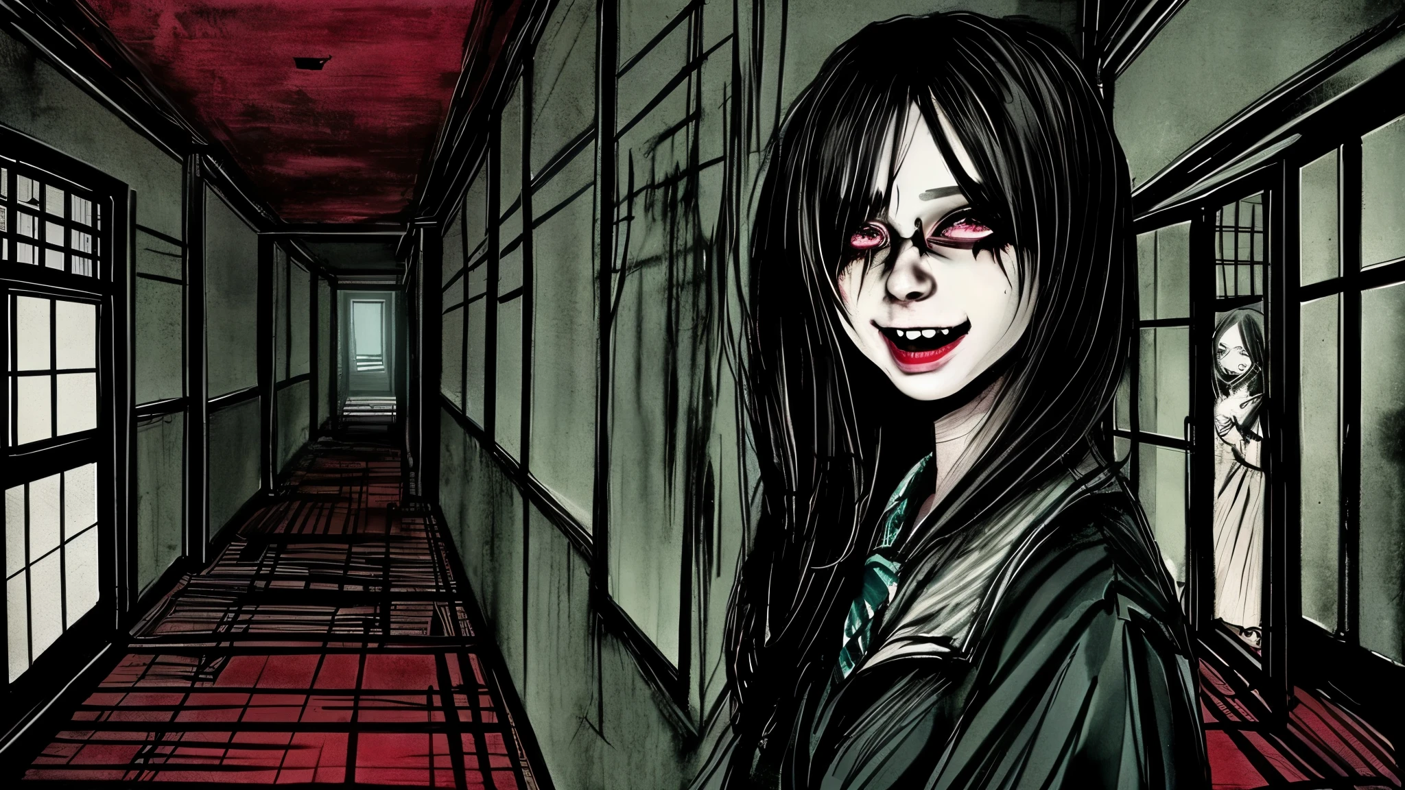 A girl laughing in a creepy Japanese school at late night, surrounded by darkness, with an abyss in the background. The scene depicts a sense of fear and insanity. The girl has beautiful detailed eyes, beautiful detailed lips, and an extremely detailed face. She is wearing a  and has a mischievous expression on her face. The artwork is created with a medium of traditional Japanese ink painting. The image is of the best quality, with ultra-detailed and realistic details. The colors are vibrant and vivid, with a dark and mysterious color tone. The lighting is dramatic, casting eerie shadows on the girl and the surroundings. The artwork is a masterpiece, exuding a sense of horror and suspense.