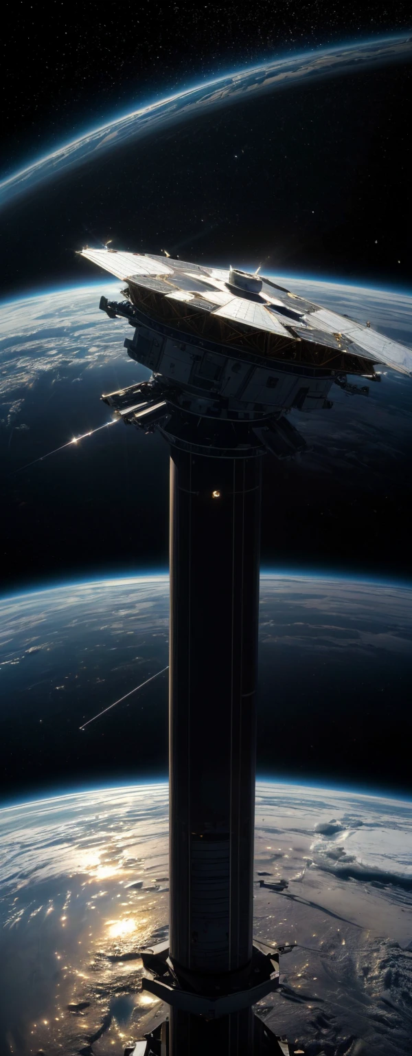 ((masterpiece, highest quality, highest image quality, high resolution, photorealistic, raw photo, 16K)), in center  of picture, a  spacecraft navigating  interstellar space is similar geometric of cylinder shape , sophisticated design ,vertically  highshapes,in space,