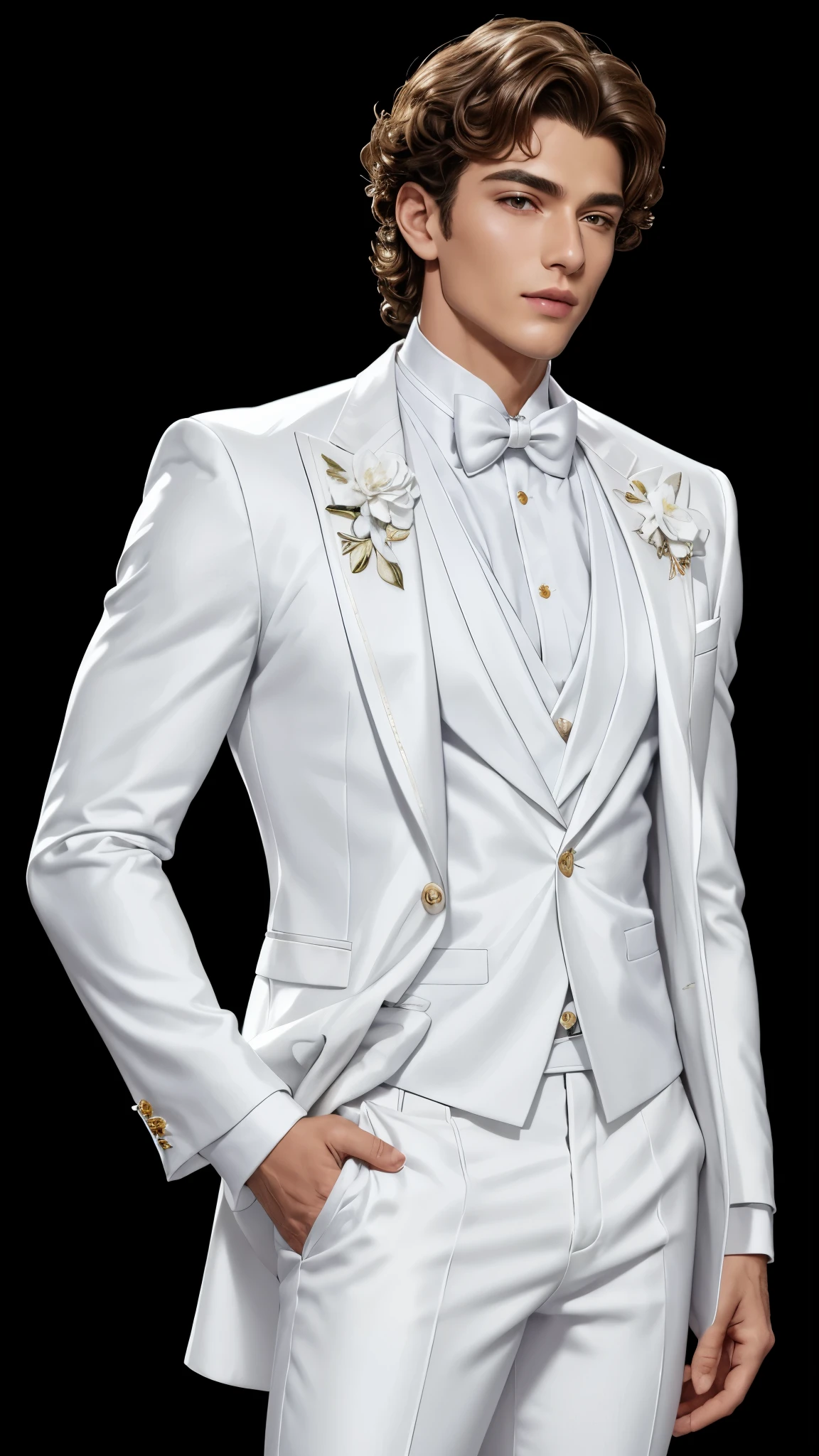 idol,fashion icon, handsome guy, curls, Idol, Special neckline, White floral embellishment, Exquisite buttons, Exquisite brooch, white suit, clear clothing design, Full body close-up, white pants, Full body shots in super detail,