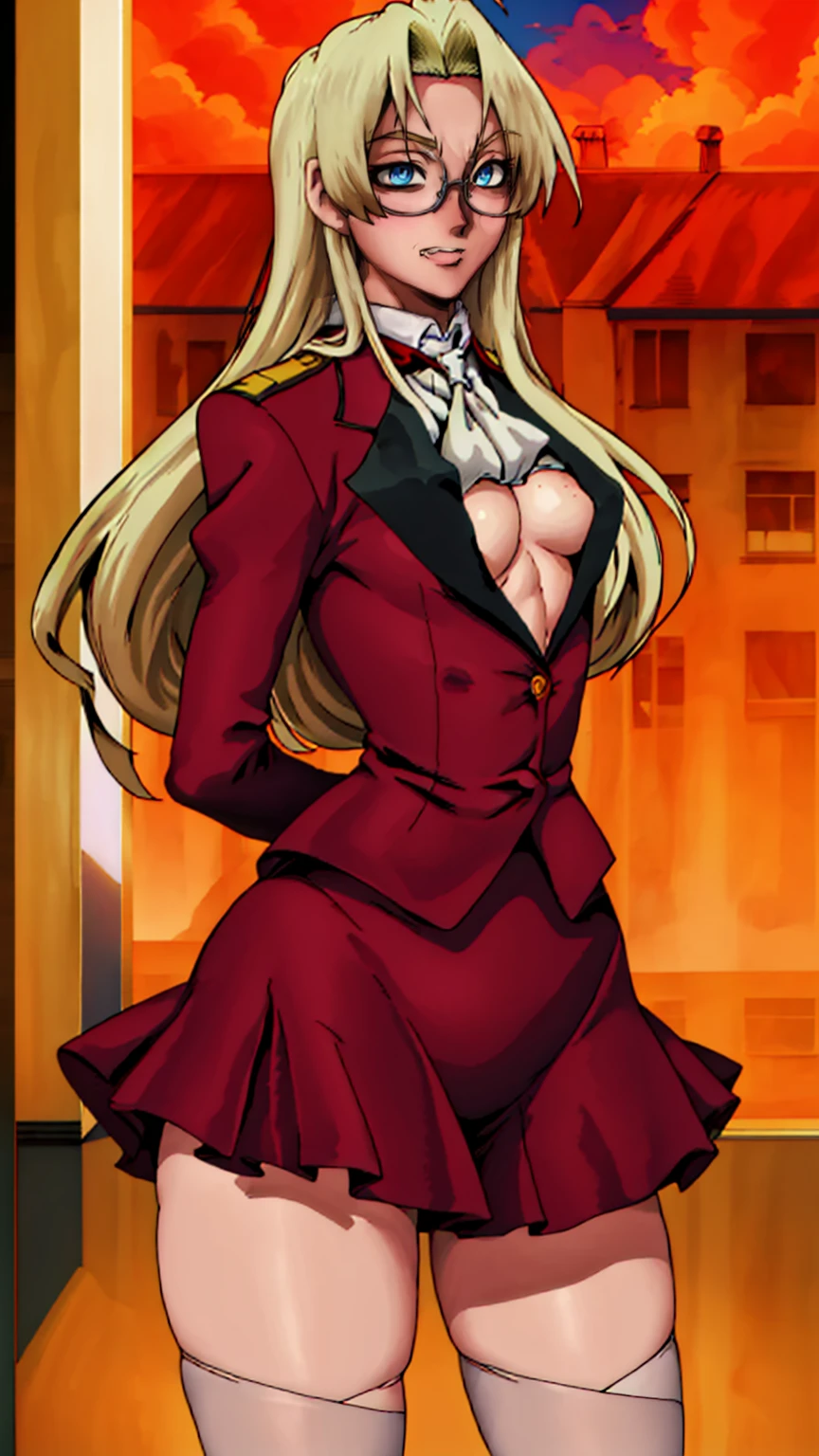 1girl, masterpiece, anime, integra hellsing, flat chest, looking at viewer, town, outdoors, arms behind back, thighs, wearing tuxedo suit, cutot clothes, boob window, breast window, integra