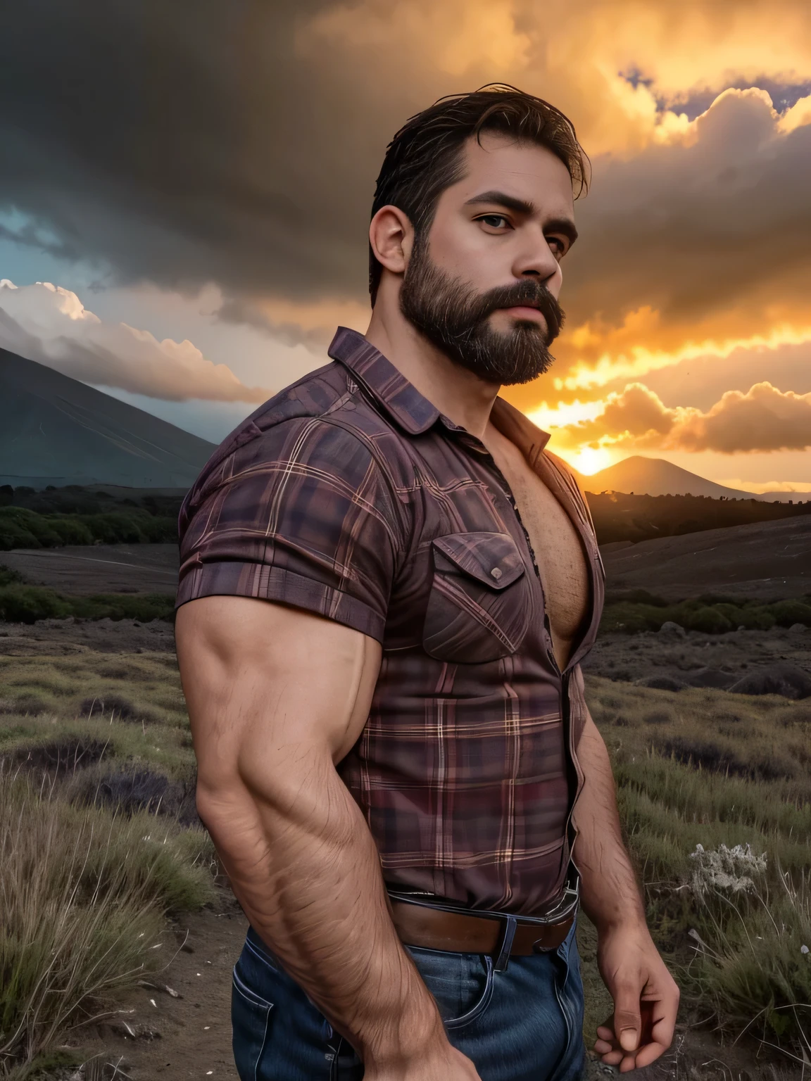 obra maestra, Mejor calidad, high resolution, Retrato de primer plano, (1 chico:1.4) A man in a lumberjack suit, muscular, (descamisado: 1.2) enfoque masculino, enfocarse solo, piel bronceada, 38-year-old man dressed as a lumberjack., muscular, fuerte, peludo, Masculino, (con camisa: 1.2), al fondo una granja, in a volcanic eruption , amazing composition, Vista frontal, HDR, volumetric lighting, (plano general, desde el frente:1.2) (GS-Macho :1.5) (magnificent landscape:1.2)