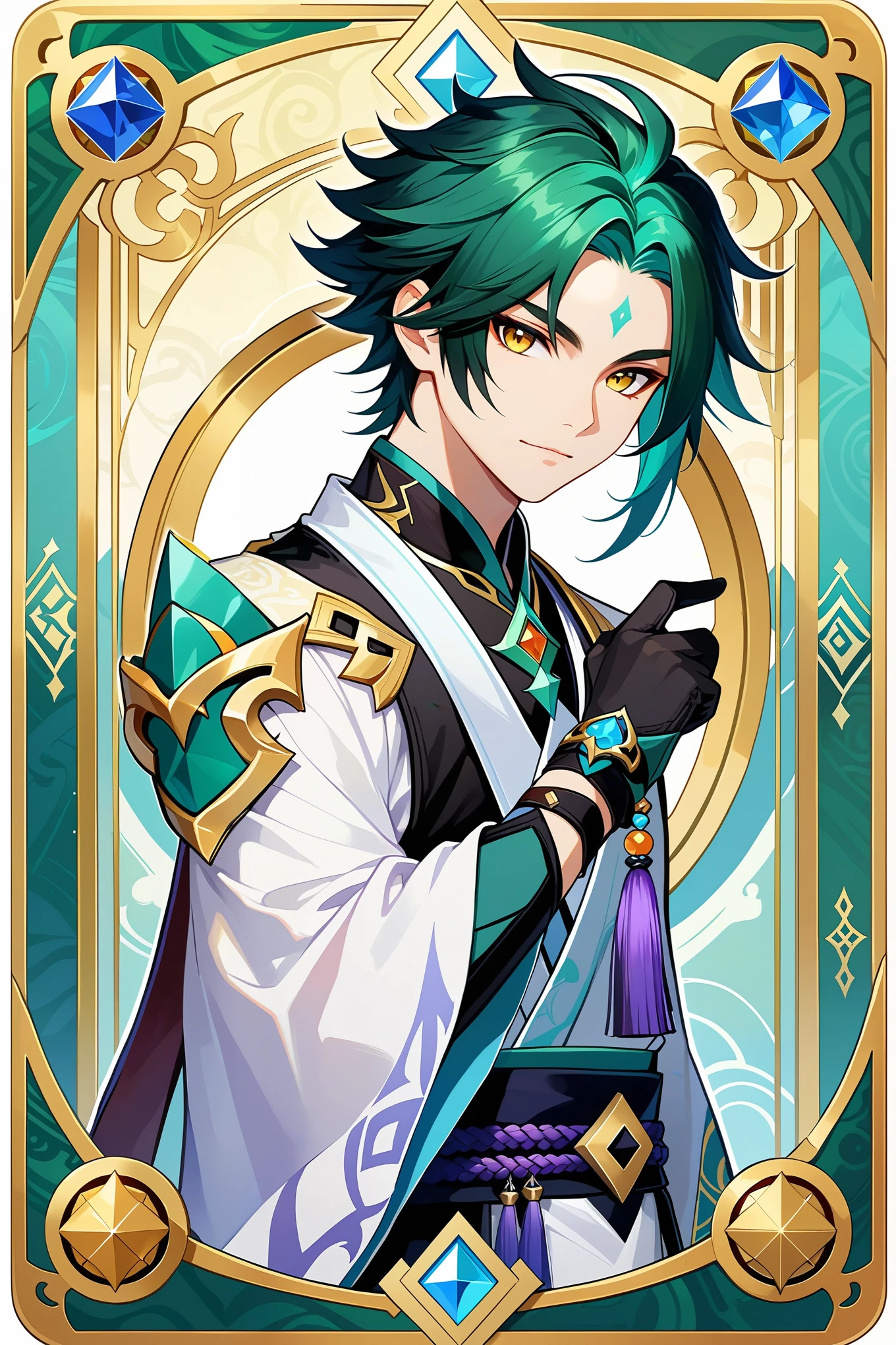 solo,XIAO\(genshin impact\),portrait,upper_body,highres,Game cards, beautiful borders, masterpieces, perfect symmetry, golden ratio