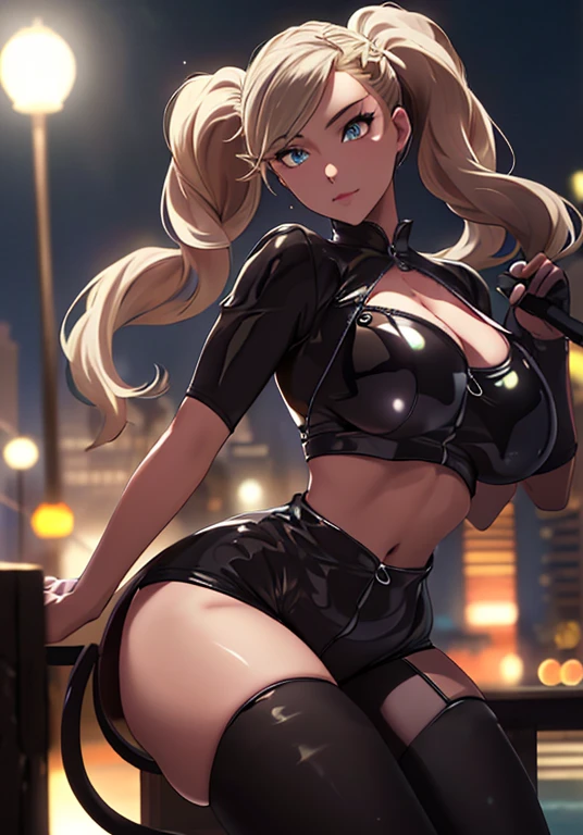 (masterpiece,best quality),((ultra detailed,extremely intricate,ultra high res,RAW,HDR,)),,inely detailed beautiful eyes, (photorealistic:1.2)city roof top, outside, night, 1girl, siting, back to the viewer, viewed from behind,view focus on her ass, takamaki anne, natural breasts, huge breasts, huge ass, huge thighs, narrow waist, wide hips, thick thighs, curvy, (black clothes black skintight latex swimsuit with unzipped zippers ), cat ears, cat tail, blonde hair, twin tails, dreamlike, dreamy, floaty, modelshoot style, sexy slutty quality, Detailed skin texture, detailed cloth texture, stunning gradient colors,ray tracing, side lighting, Rim lighting,best shadow, perfect female body,perfect breasts,perfect hips,perfect anatomy,smooth midriff,skiny and thin, lustrous skin, glossy skin,slim legs,shiny sk