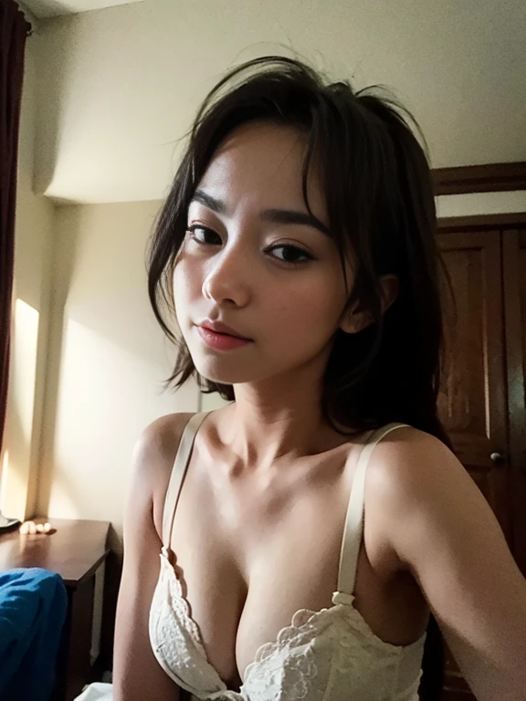 (best quality, masterpiece:1.2), A Woman, Portrait, Small Breast, Bra, bedroom