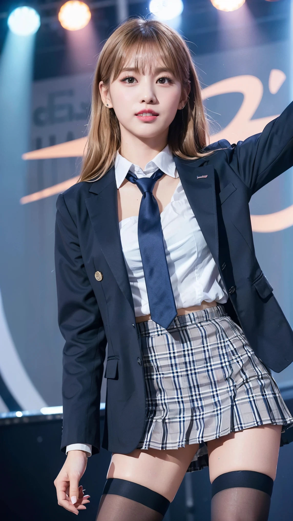 (8K), (highest quality: 1.2), (realistic), (realistic: 1.47), ultra high resolution, 1 girl, cute, smile, closed mouth, (thick lips:1.2),red lip,(Purse your mouth),beautiful details, beautiful nose,(Straight shiny pink blonde hair),Standing on the concert stage,hold the microphone in your right hand,Bend your elbows and raise your hands,(University Student Uniform,A simple navy blue blazer,white satin shirt,tie,Tartan Check Pleated Skirt,opaque tights:1.2),(Close up on wet thighs:1.2),(knees),(super low angle:1.2),(medium shot),