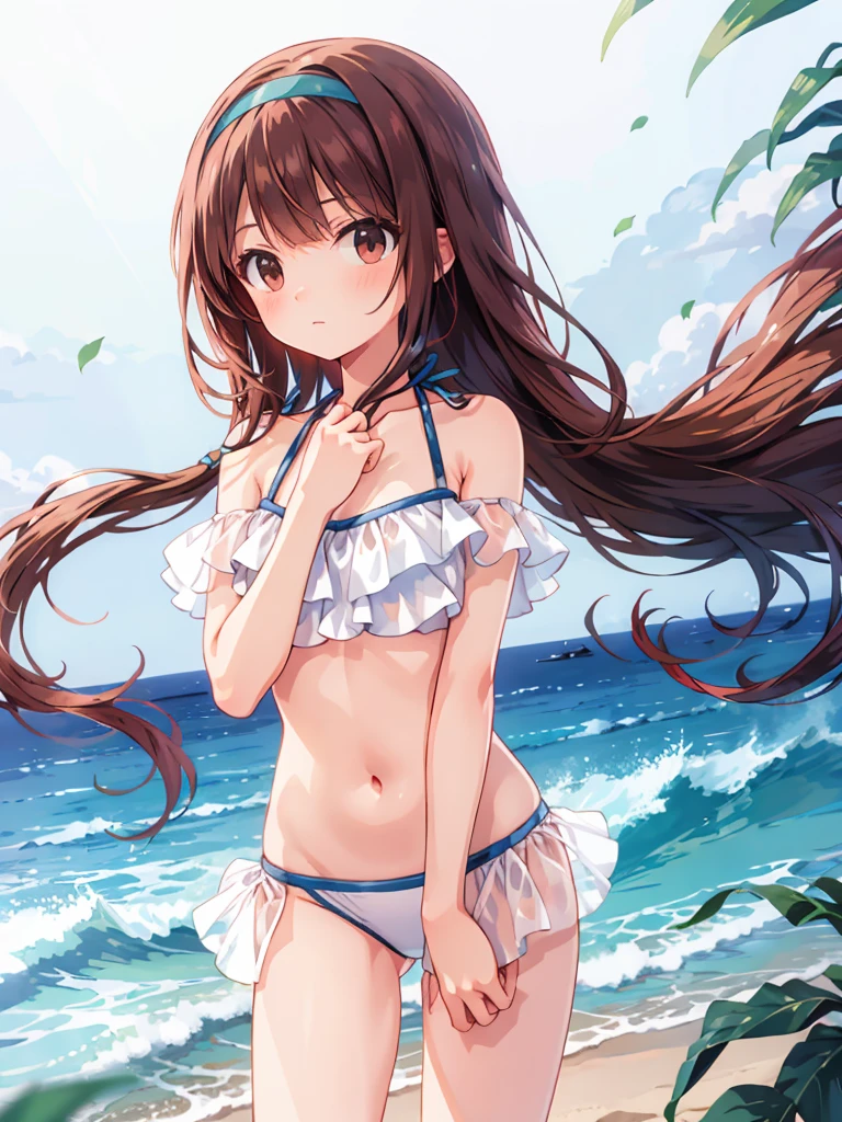 masterpiece, beautiful illustrations, highest quality, pretty girl, 1girl, standing, pastel colour, (two-separated bikini), sexy bikini, reddish brown long hair, headband, bright lighting, looking at viewer, on the shore