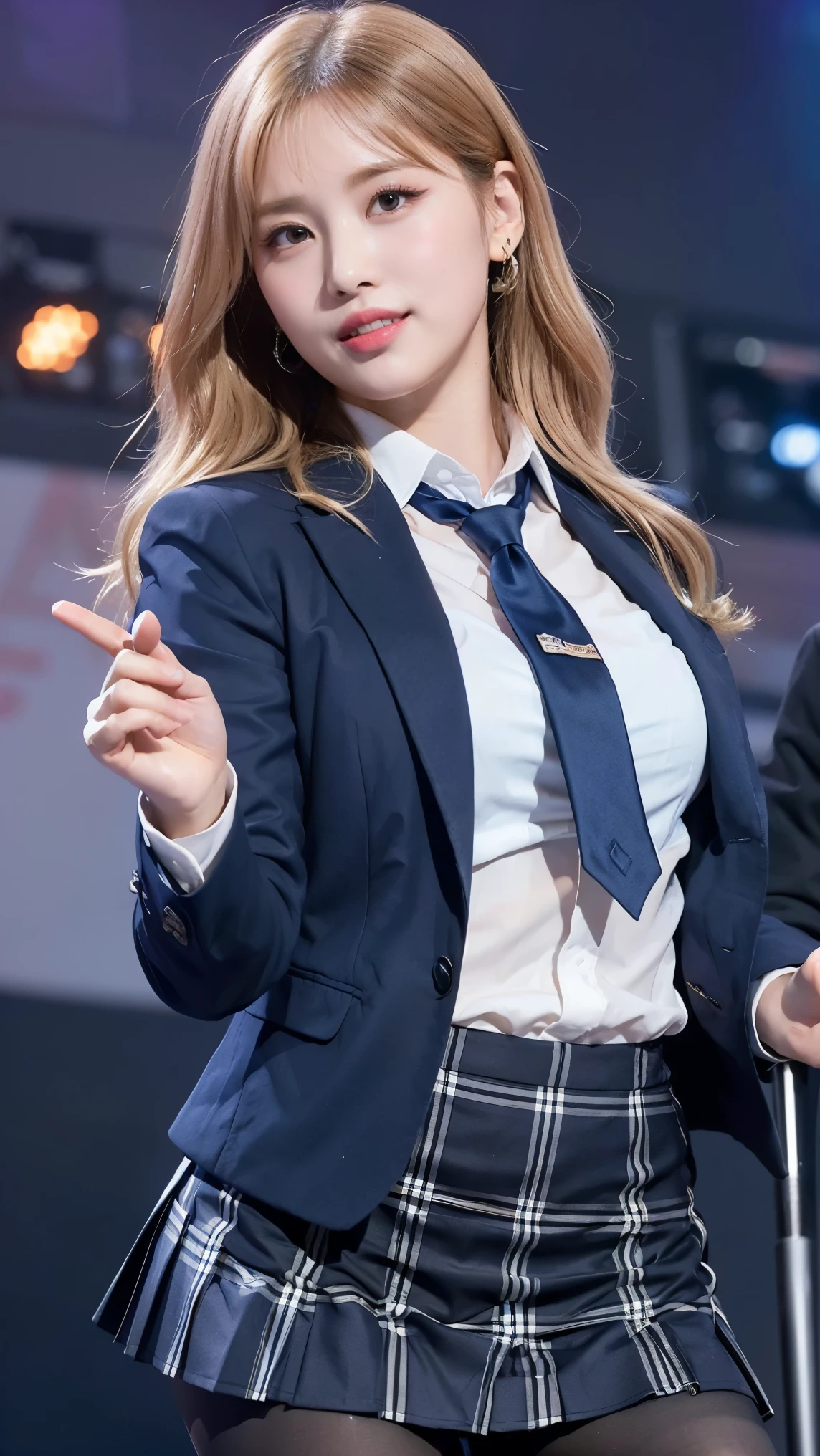 (8K), (highest quality: 1.2), (realistic), (realistic: 1.47), ultra high resolution, 1 girl, cute, smile, closed mouth, (thick lips:1.2),red lip,(Purse your mouth),beautiful details, beautiful nose,(Straight shiny pink blonde hair),Dancing on the concert stage,hold the microphone in your right hand,Bend your elbows and raise your hands,(University Student Uniform,A simple navy blue blazer,white satin shirt,tie,Tartan Check Pleated Skirt,opaque tights:1.2),(Close up on wet thighs:1.2),(knees),(super low angle:1.2),(medium shot),